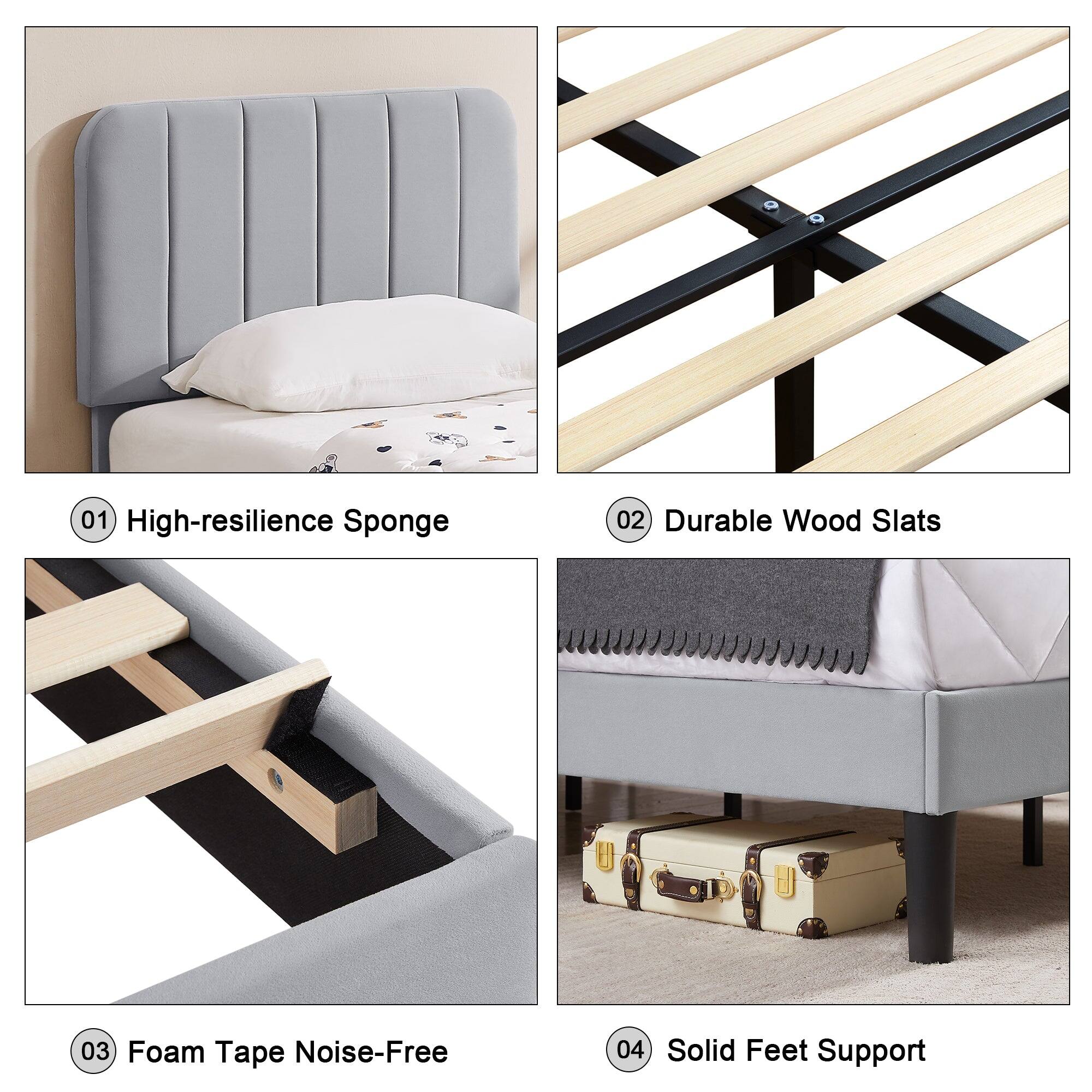 01 High-resilience Sponge  
02 Durable Wood Slats  
03 Foam Tape Noise-Free  
04 Solid Feet Support