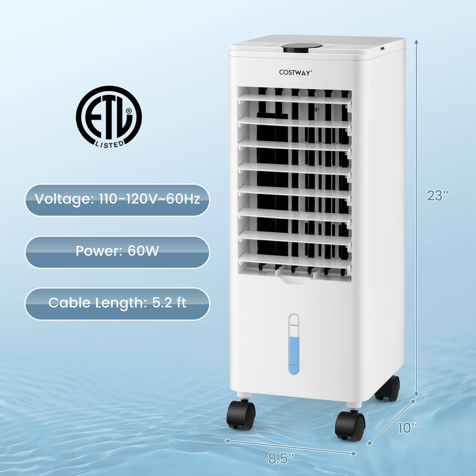 ETD Listed Costway Voltage: 110-120V~60Hz Power: 60W Cable Length: 5.2 ft 10" 8.5"