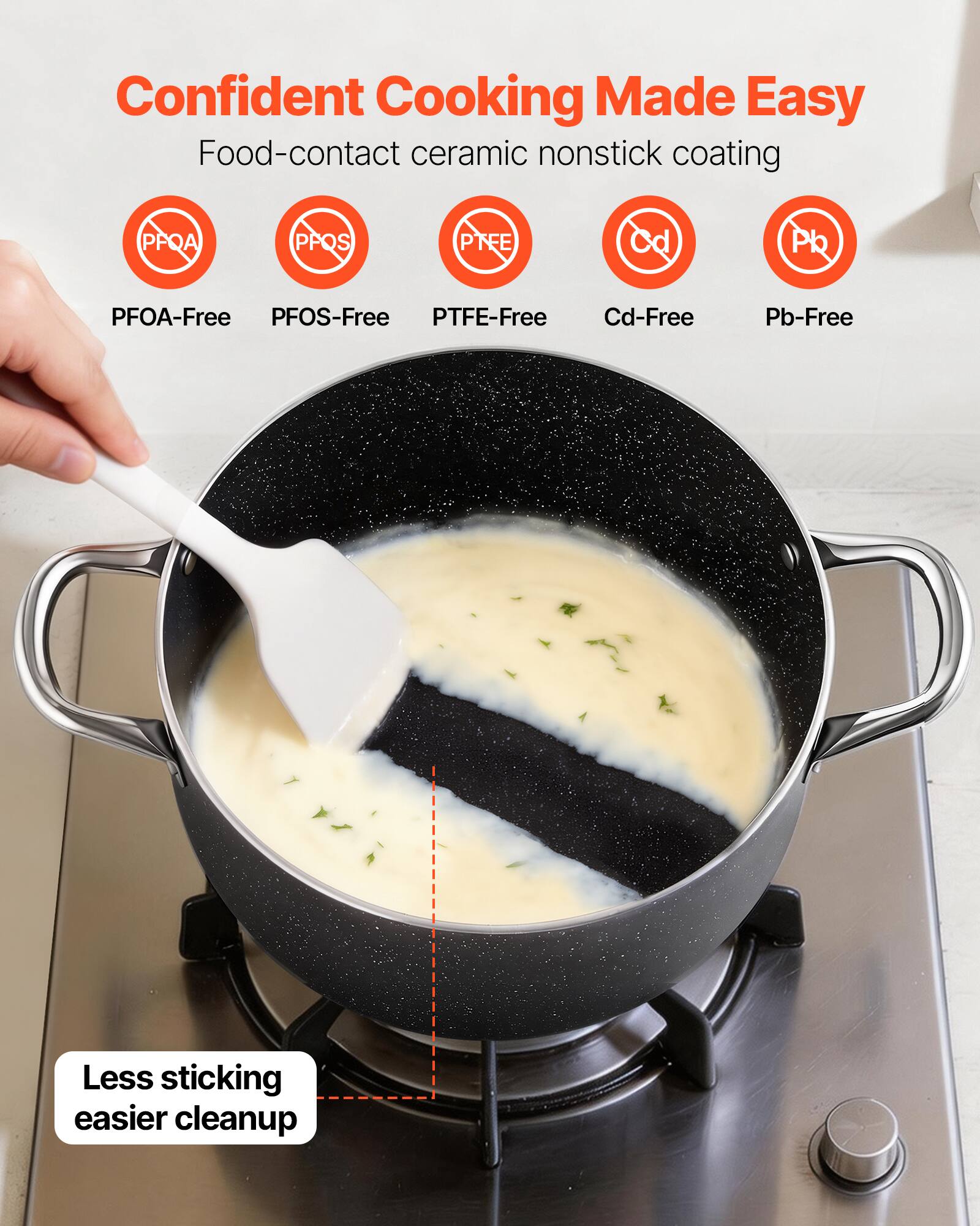 Confident Cooking Made Easy  
Food-contact ceramic nonstick coating  
PFOA-Free  
PFOS-Free  
PTFE-Free  
Cd-Free  
Pb-Free  
Less sticking  
easier cleanup
