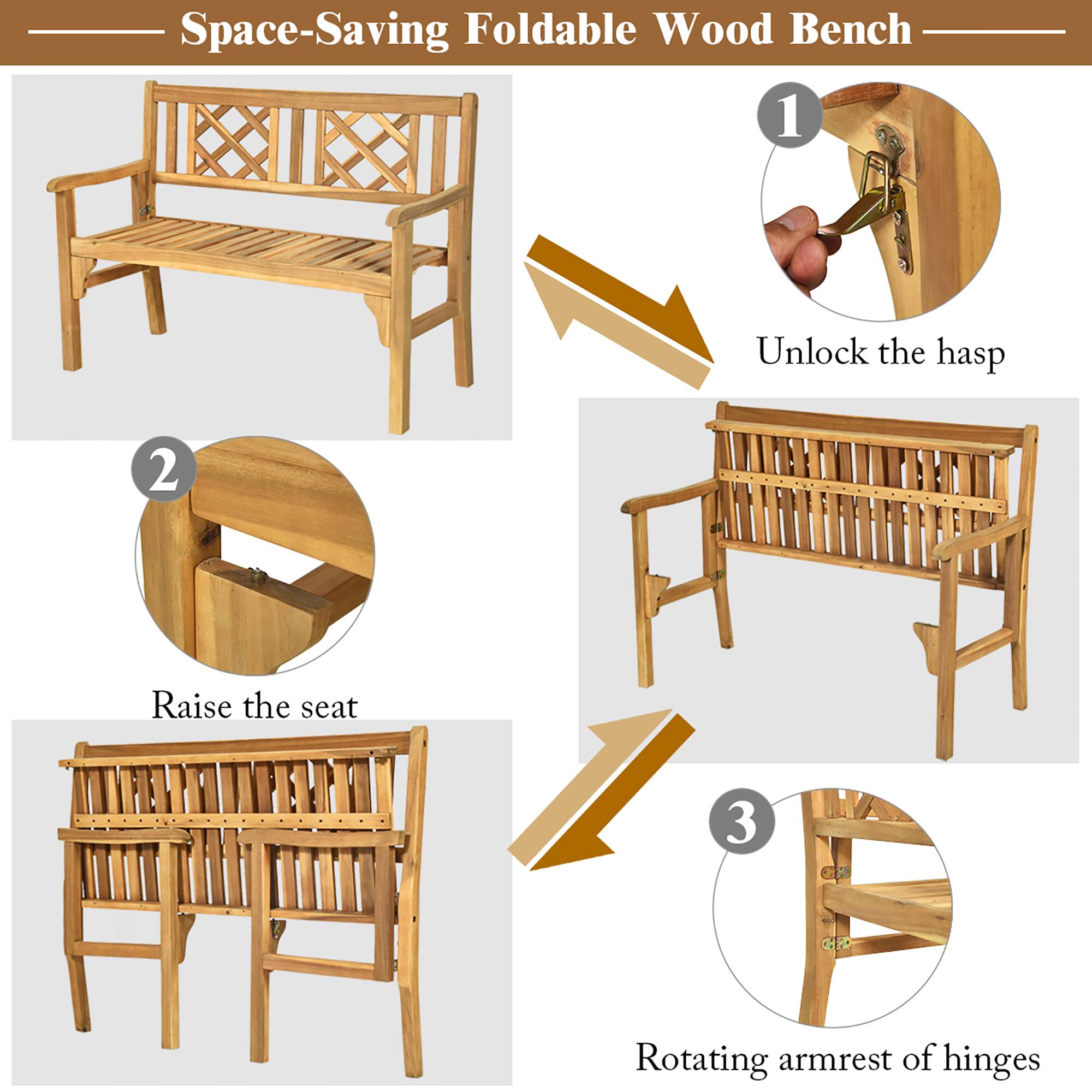Space-Saving Foldable Wood Bench
1. Unlock the hasp
2. Raise the seat
3. Rotating armrest of hinges
