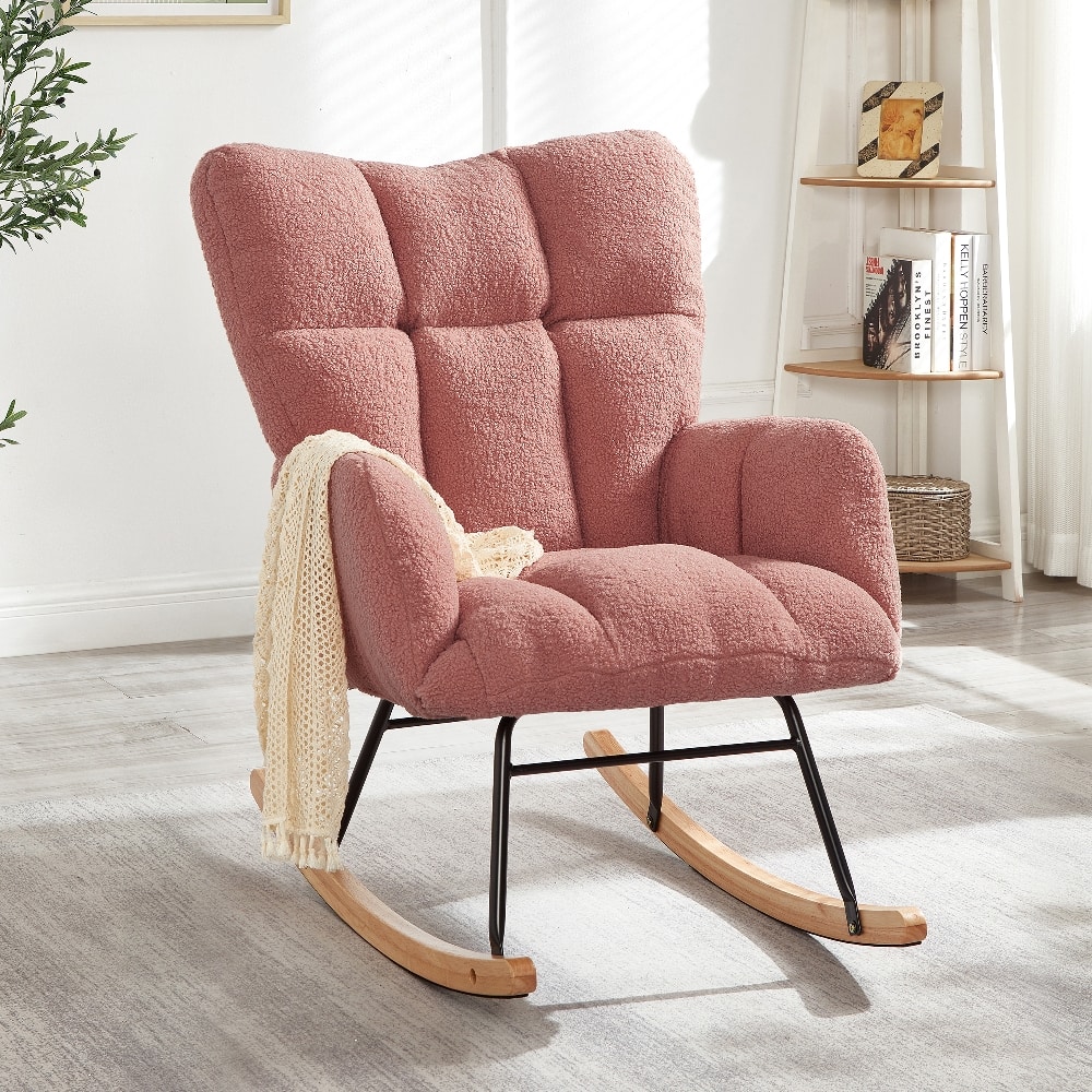 Loheer - Teddy Fabric Rocking Chair Tufted Upholstered Glider Accent Chair with Metal Frame - Pink