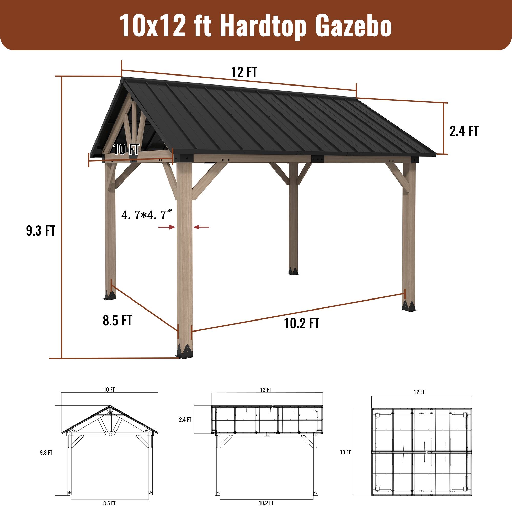 10x12 ft Hardtop Gazebo

- 12 FT
- 10 FT
- 2.4 FT
- 9.3 FT
- 4.7*4.7"
- 8.5 FT
- 10.2 FT
- 10 FT
- 12 FT
- 12H1
- 24 FT
- 9.3 FT
- 10 FT
- 2 85HT
- 1 d F
- 10.2F
- 11 a