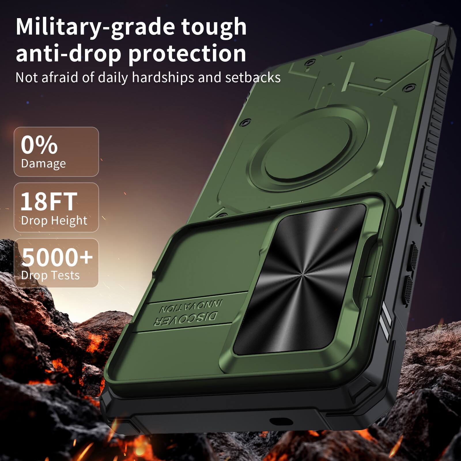 Military-grade tough anti-drop protection  
Not afraid of daily hardships and setbacks  
0% Damage  
18FT Drop Height  
5000+ Drop Tests  
NOLLYAONNI  
DISCOVER