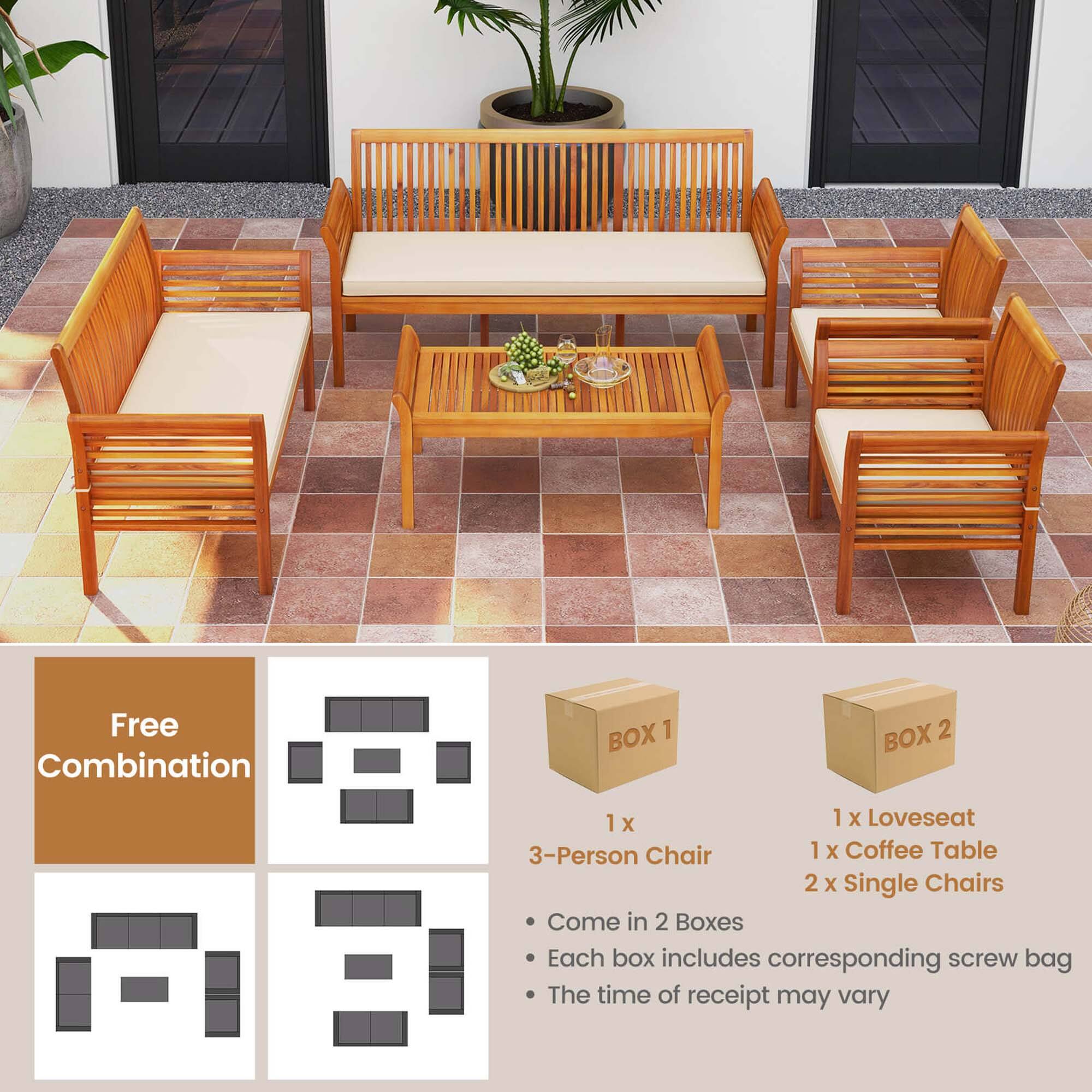 The image shows a wooden patio set with a bench, table, and chairs. There are two boxes, each containing a loveseat, a 3-person chair, and a coffee table. Additionally, there are two single chairs included in the set. The set is advertised as a free combination, and the boxes come with corresponding screw bags. The time of receipt may vary.