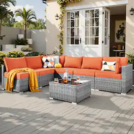 Ovios - 7 PCS Patio Furniture Outdoor Sofa Sets with Wicker, Cushions and Coffee Table for Garden, Backyard and Balcony - Orange Red