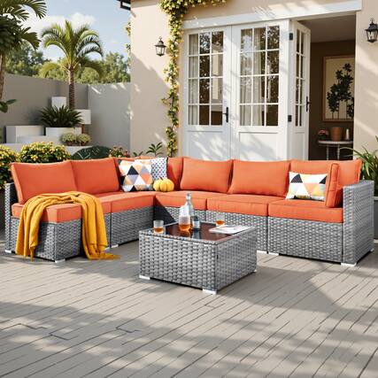 Front. Ovios - 7 PCS Patio Furniture Outdoor Sofa Sets with Wicker, Cushions and Coffee Table for Garden, Backyard and Balcony - Orange Red.