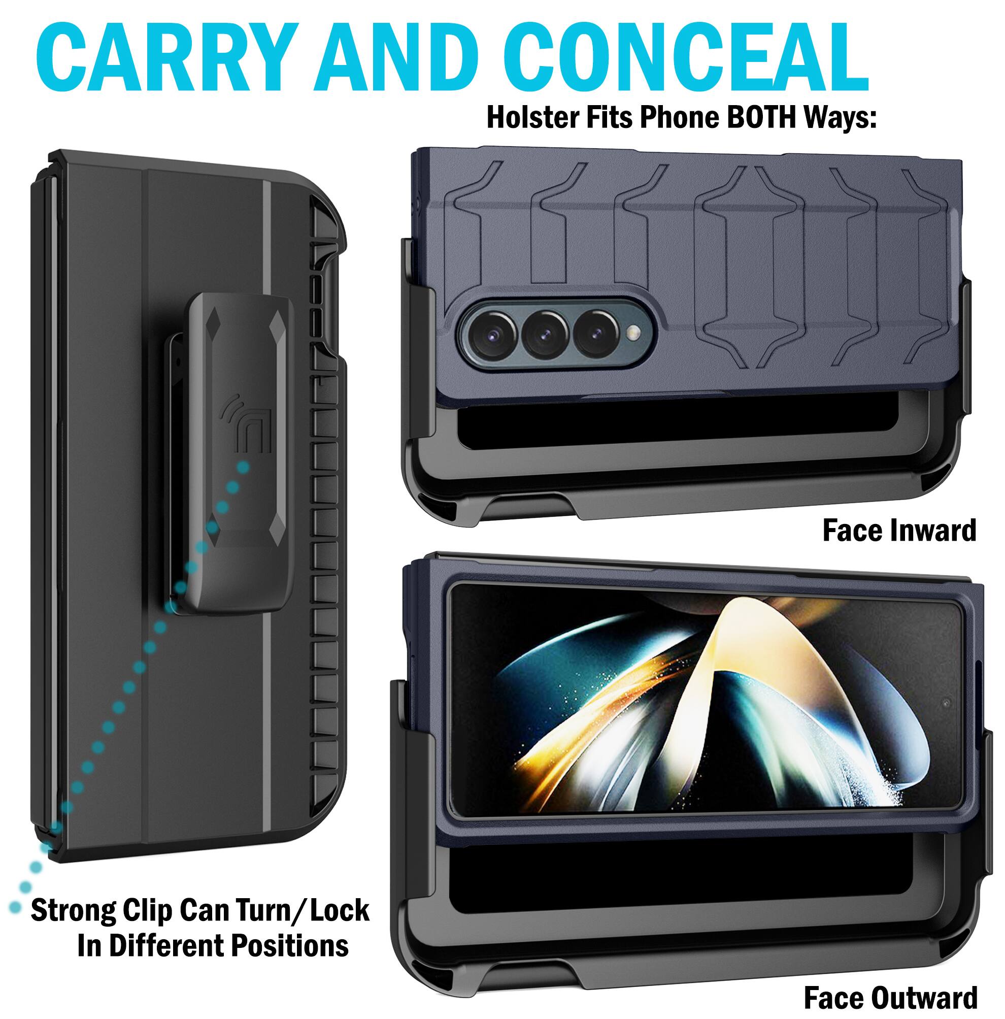 CARRY AND CONCEAL  
Holster Fits Phone BOTH Ways:  
- Face Inward  
- Face Outward  

Strong Clip Can Turn/Lock In Different Positions