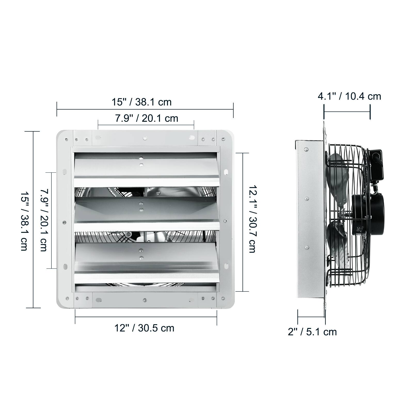 15" / 38.1 cm  
7.9" / 20.1 cm  
4.1" / 10.4 cm  
12.1" / 30.7 cm  
12" / 30.5 cm  
2" / 5.1 cm