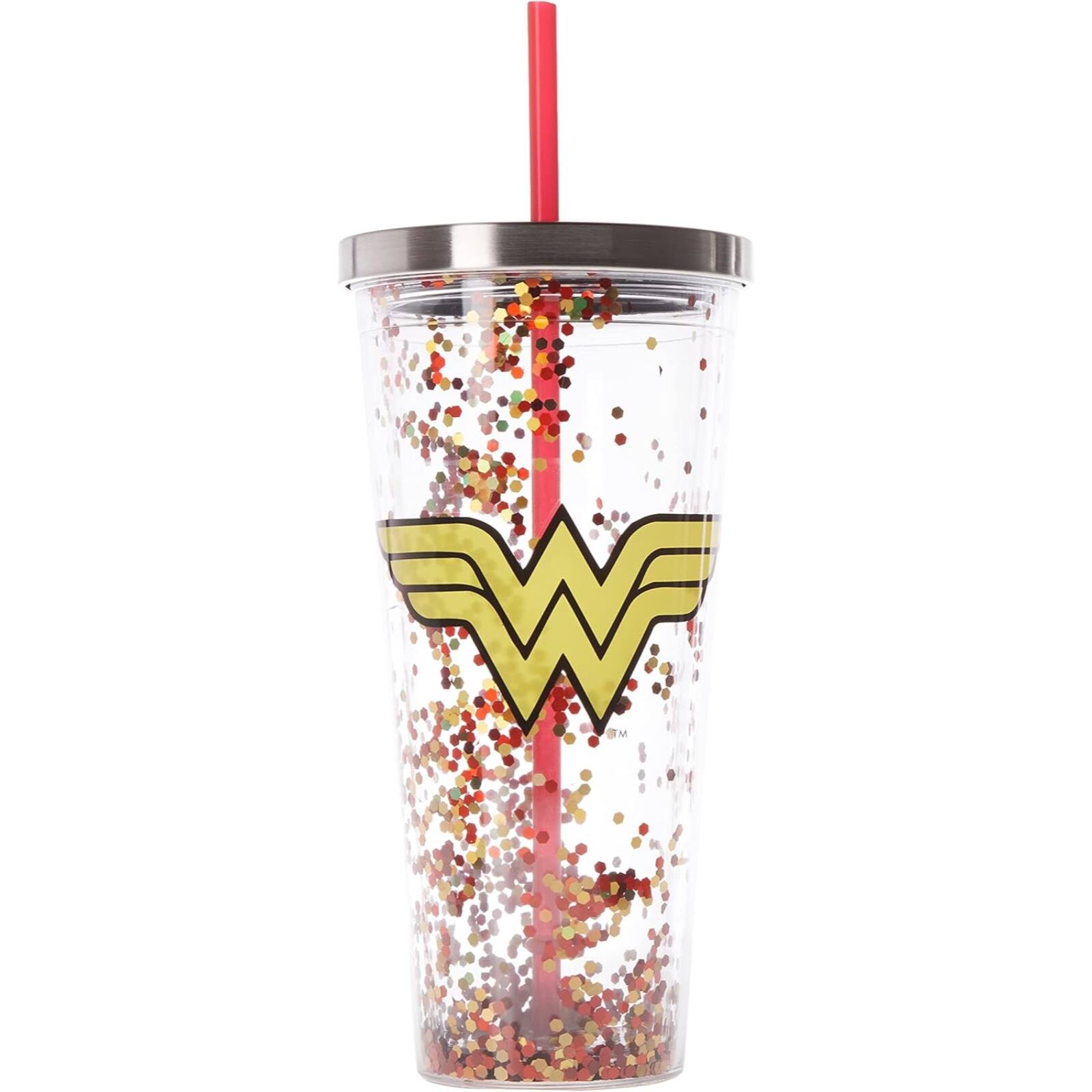 Left. Spoontiques - Spoontiques DC Comics Wonder Woman Double Walled Insulated Acrylic Tumbler Glitter Cup with Straw 20 ounce - Multicolor.