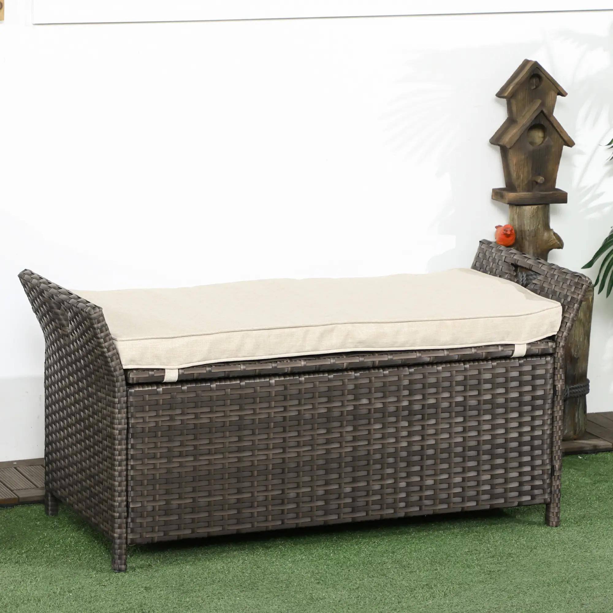 Alt View 7. Resenkos - Resenkos 29 Gallon Wicker Bench, Outdoor PE Rattan Furniture, 2-in-1 Storage Box with Handles & Cushion, Cream White - Cream White.