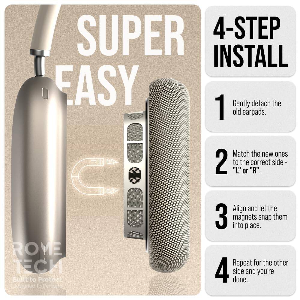 SUPER 4-STEP INSTALL EASY

1. Gently detach the old earpads.
2. Match the new ones to the correct side - "L" or "R".
3. Align and let the magnets snap them into place.
4. Repeat for the other side and you're done.

ROVE TECH
Built to Protect
Designed to Perform