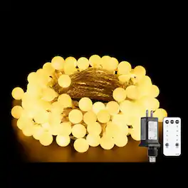 FINEAK - 100 LED 33ft Globe String Lights Warm White 8 Modes Remote Indoor Outdoor Decor