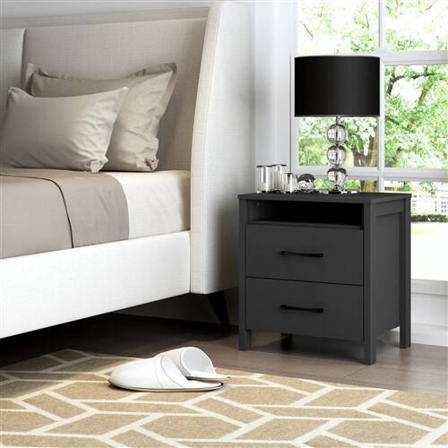 Back. Hivvago - Modern 2-Drawer Nightstand Bedside Table in Black Wood Finish - Black.