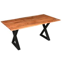 Manhattan Lane - 67 Inch Rectangular Dining Table with Crossed Black Metal Legs and Natural Brown Faux Live Edge Acacia Wood Top - Brown and Black
