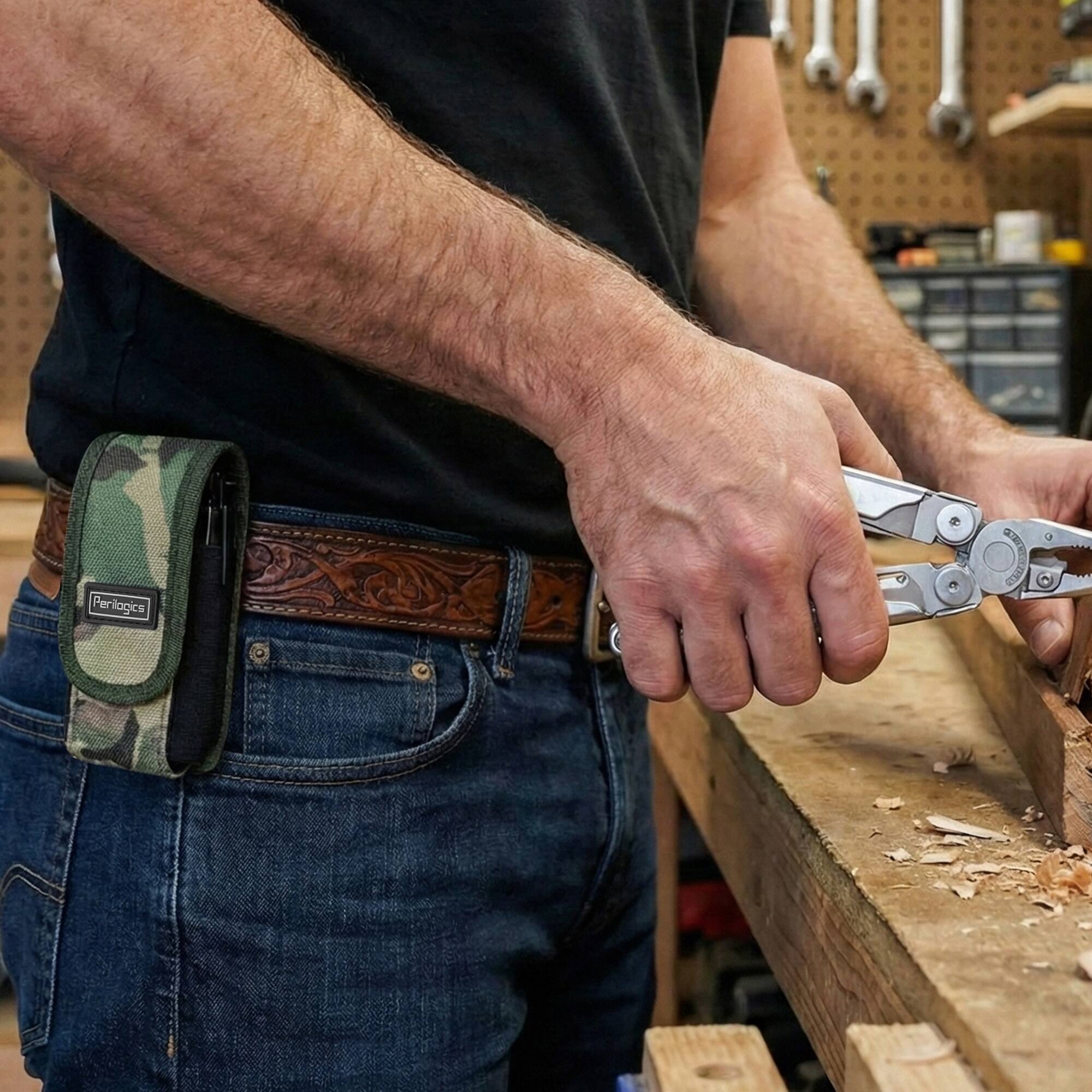 Alt View 9. Perilogics - Multitool Sheath – Magnetic Closure Belt Pouch & Tool Holster with Metal Clip, Heavy-Duty Nylon Fits Leatherman & Gerber - Camo.
