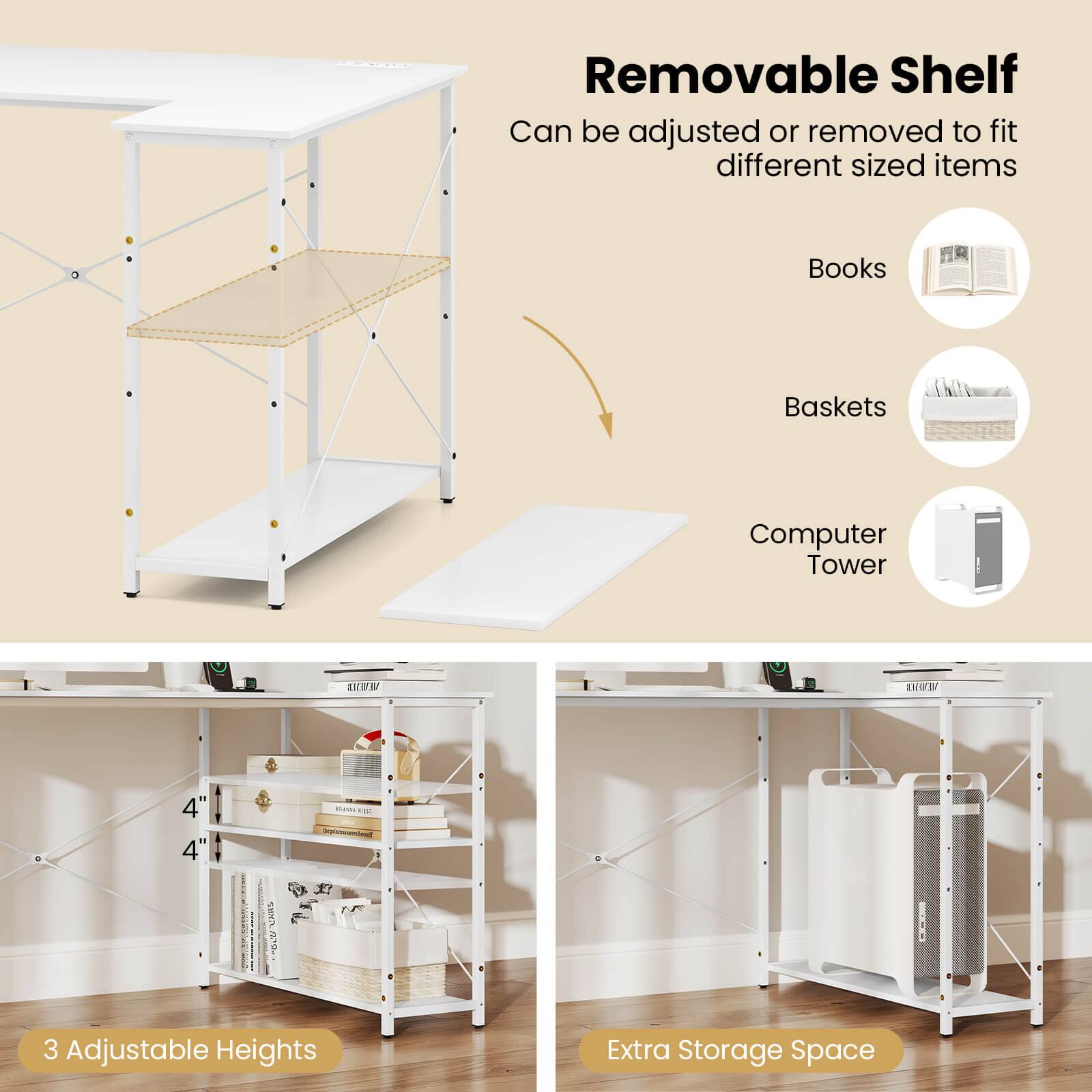Removable Shelf: Can be adjusted or removed to fit different sized items. Books, Baskets, Computer Tower, IW 1 4" 4" -- - cams 3 Adjustable Heights, Extra Storage Space.