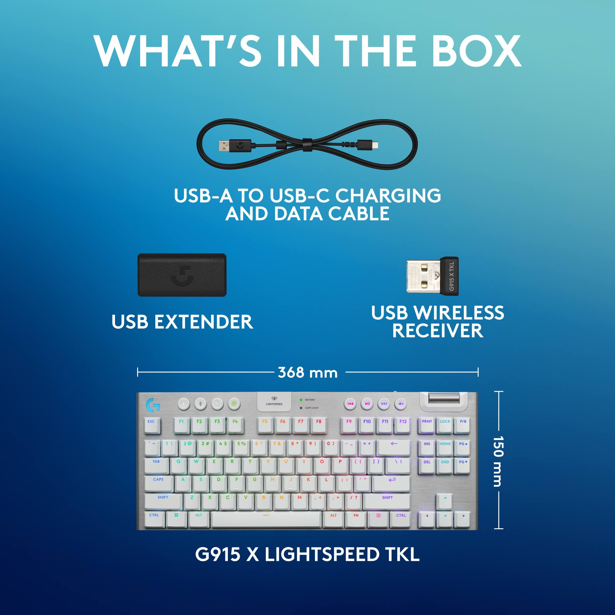 What's in the box:

1. USB-A to USB-C charging and data cable
2. USB extender
3. USB wireless receiver
4. 368 mm (1.2 inches)
5. G915 X LightSpeed TKL