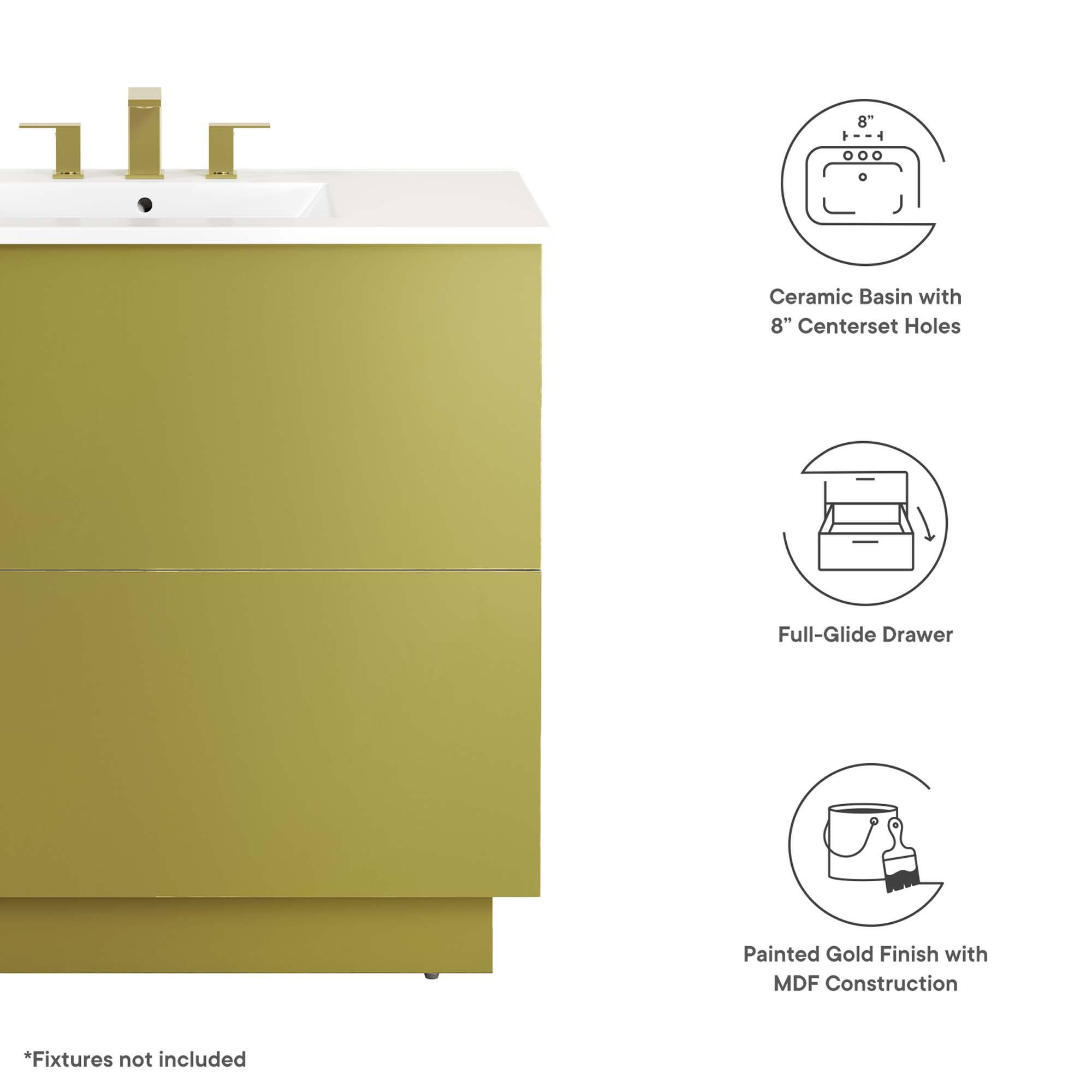 8" Ceramic Basin with 8" Centerset Holes  
Full-Glide Drawer  
Painted Gold Finish with MDF Construction  
*Fixtures not included