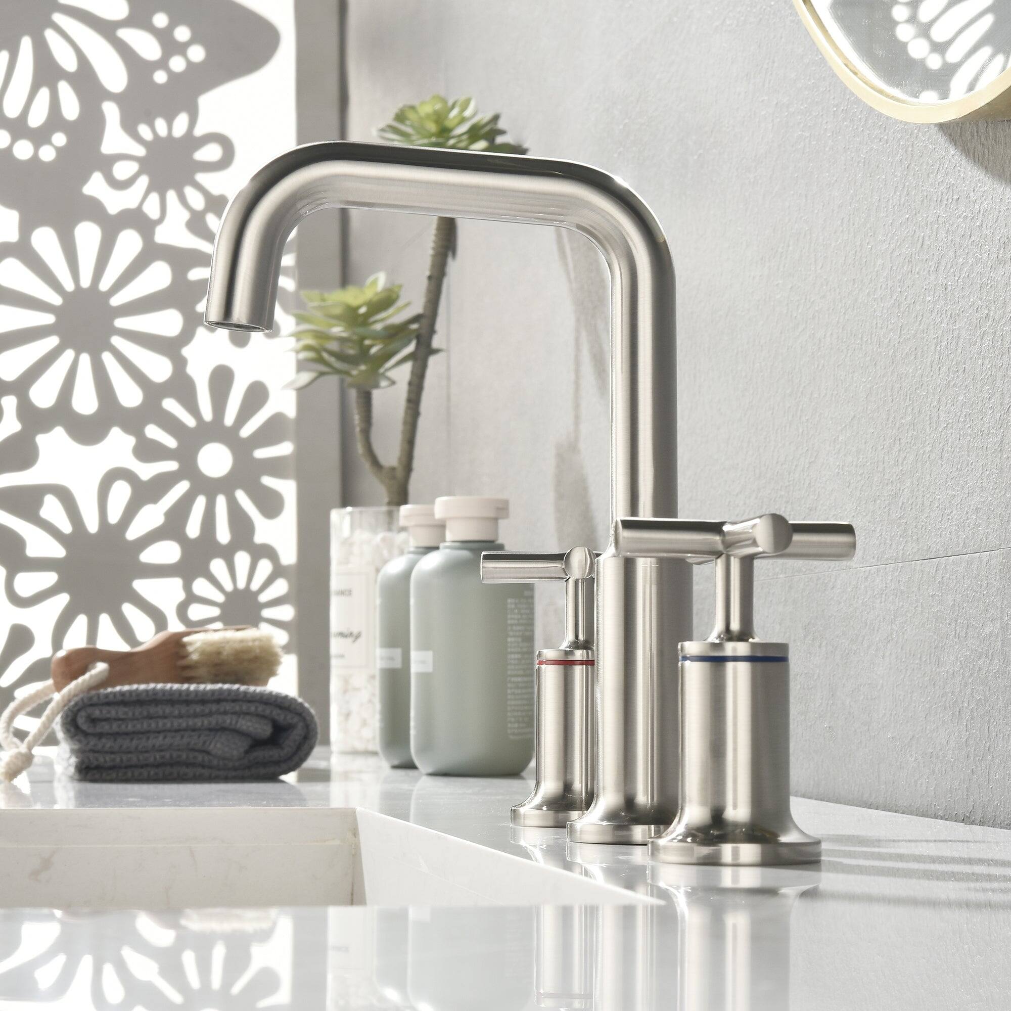 Alt View 6. Boyel Living - Brass 8 Inch Widespread Double Handle Bathroom Faucet with Water Supply Hoses and Quick Connected Hose in Brushed Nickel - Brushed Nickel.