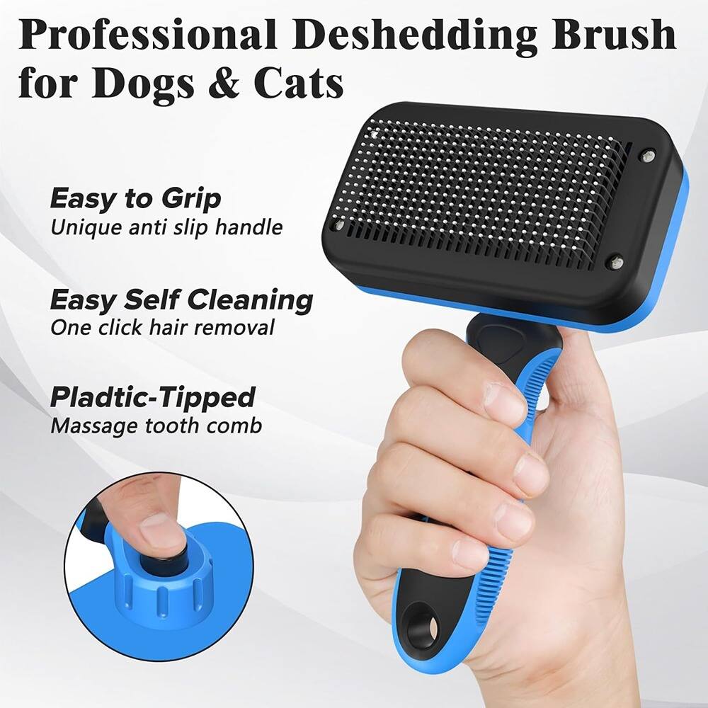 Professional Deshedding Brush for Dogs & Cats

Easy to Grip  
Unique anti slip handle

Easy Self Cleaning  
One click hair removal

Plastic-Tipped  
Massage tooth comb