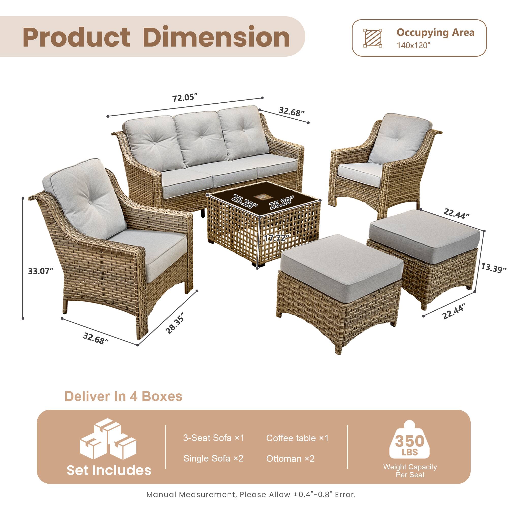 **Product Dimension**

- Occupying Area: 140x120*
- 3-Seat Sofa: 72.05" x 32.68" x 25.20"
- Single Sofa: 33.07" x 32.68" x 25.20"
- Coffee table: 28.35" x 22.44" x 13.39"
- Ottoman: 22.44" x 13.39" x 22.44"

**Deliver In 4 Boxes**

- Set Includes:
  - 3-Seat Sofa x1
  - Single Sofa x2
  - Coffee table x1
  - Ottoman x2

**Weight Capacity Per Seat:** 350 LBS

**Note:** Manual Measurement, Please Allow 0.4-0.8" Error.
