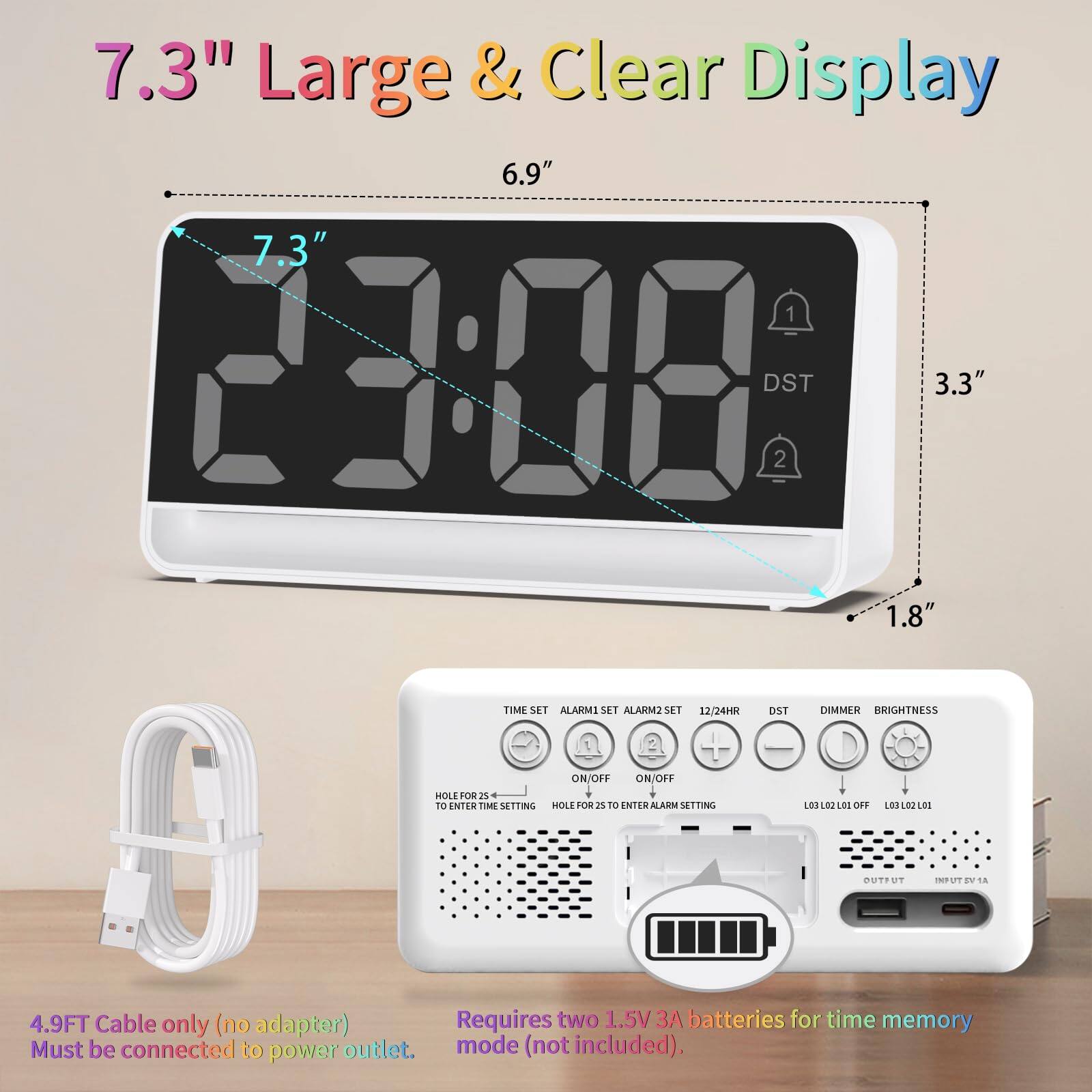 7.3" Large & Clear Display

- 7.3" Display
- 6.9" Width
- 3.3" Height
- 1.8" Depth

Features:
- TIME SET
- ALARM1 SET
- ALARM2 SET
- 12/24HR
- DST
- DIMMER
- BRIGHTNESS
- ON/OFF for ALARM1
- ON/OFF for ALARM2

Buttons:
- HOLE FOR 1S TO ENTER TIME SETTING
- HOLE FOR 2S TO ENTER ALARM SETTING

Cable:
- 4.9FT Cable only (no adapter)
- Must be connected to power outlet.

Battery:
- Requires two 1.5V 3A batteries for time memory mode (not included).

Dimensions:
- 7.3" (Display)
- 6.9" (Width)
- 3.3" (Height)
- 1.8" (Depth)