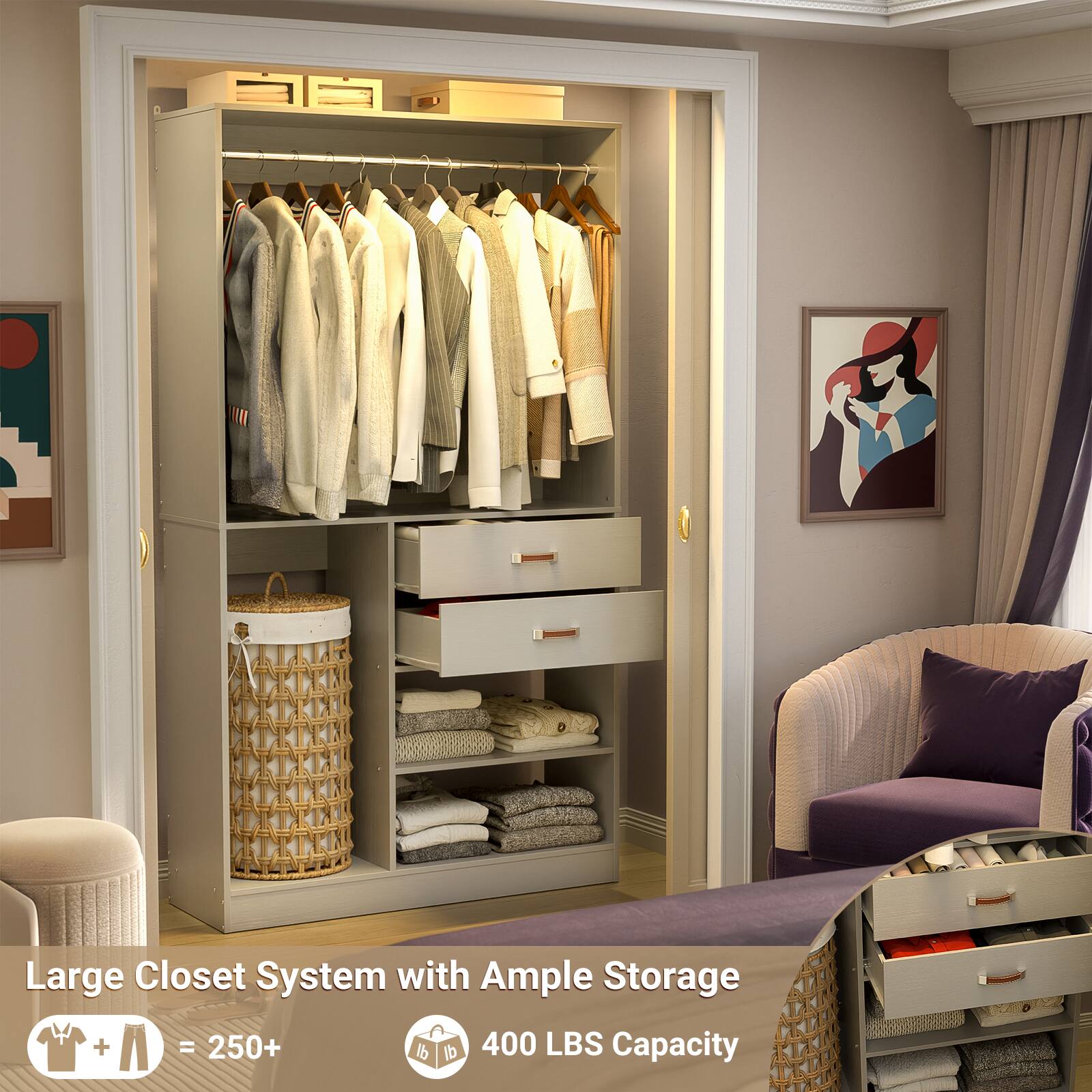 Large Closet System with Ample Storage  
= 250+ lb  
400 LBS Capacity
