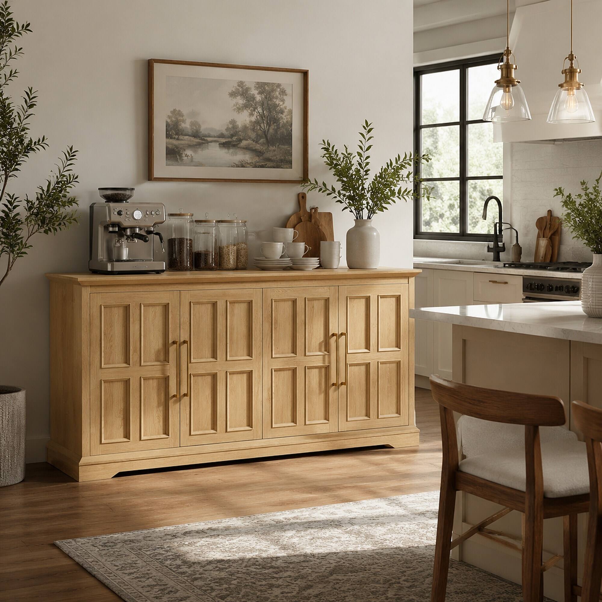 Angle. RYHNUYNE - Freestanding 67 Inch Large Sideboard Buffet Cabinet with Storage, Wood Coffee Wine Bar, Oak - Natural.