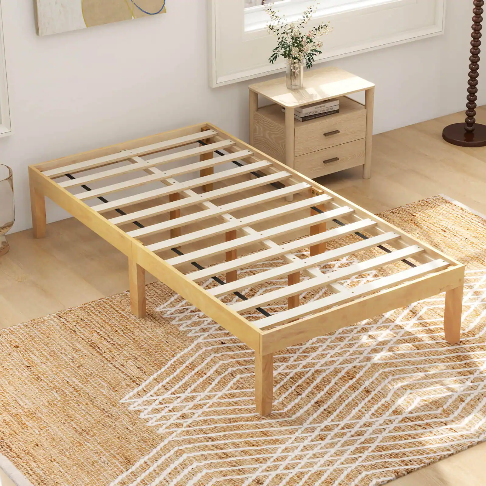 Costway - Twin Size Wooden Platform Bed Frame 14" with Rubber Wood Legs Under-bed Storage - Natural