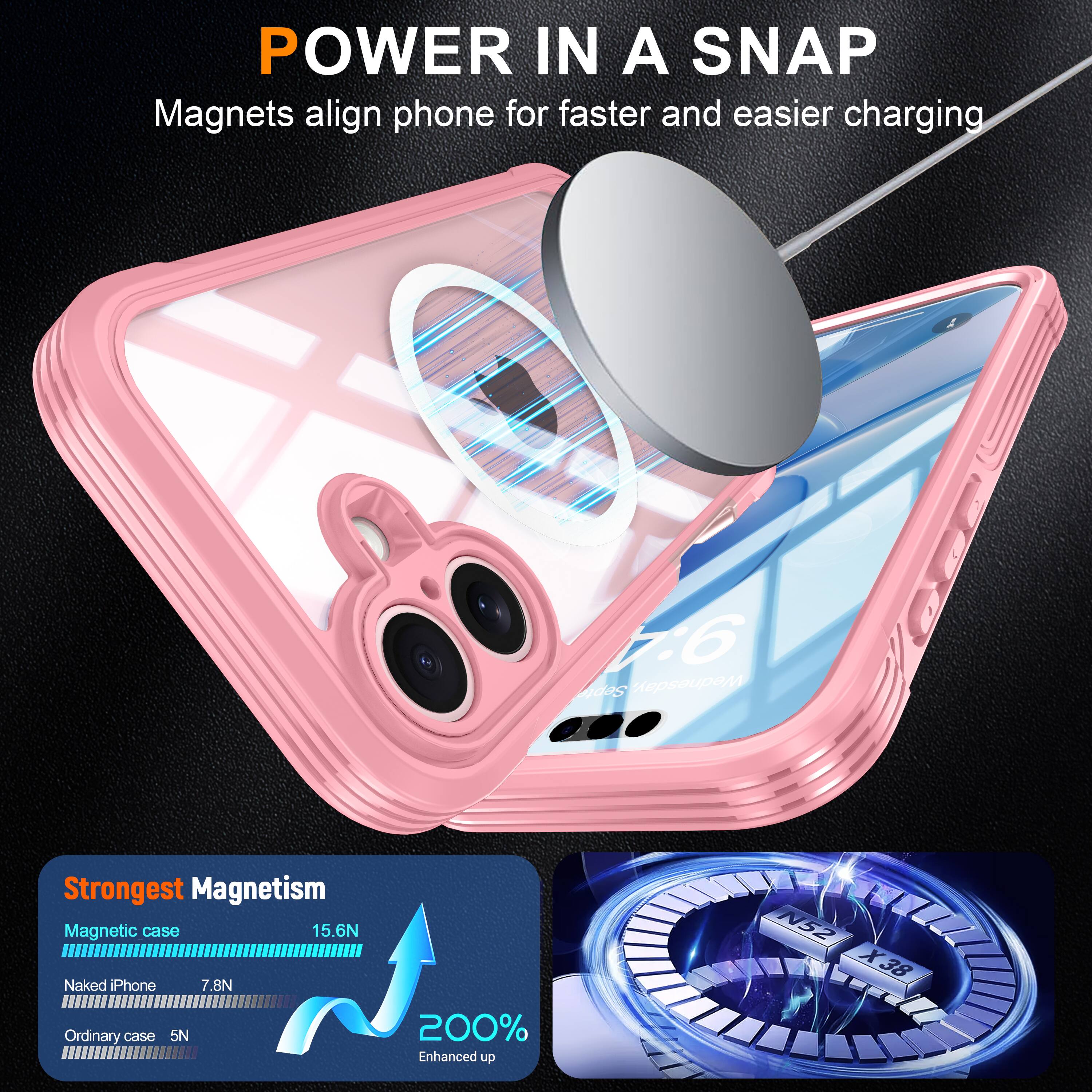 POWER IN A SNAP  
Magnets align phone for faster and easier charging  

Strongest Magnetism  
Magnetic case 15.6N  
Naked iPhone 7.8N  
Ordinary case 5N  
200% Enhanced up  

N52 X38