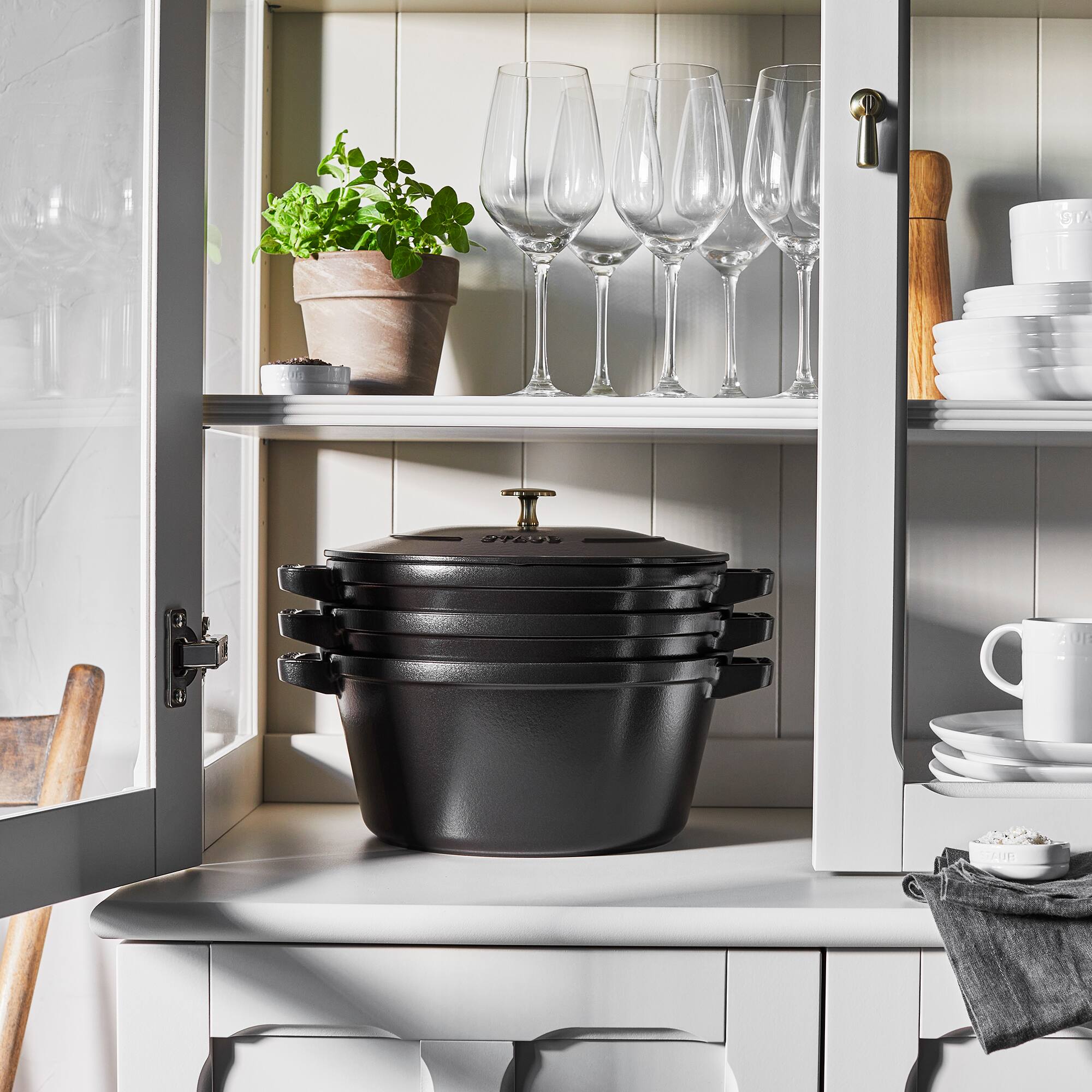 Alt View 3. Staub - STAUB Cast Iron Set 4-pc, Stackable Space-Saving Cookware Set, Dutch Oven with Universal Lid, Made in France, Matte Blac - Black.