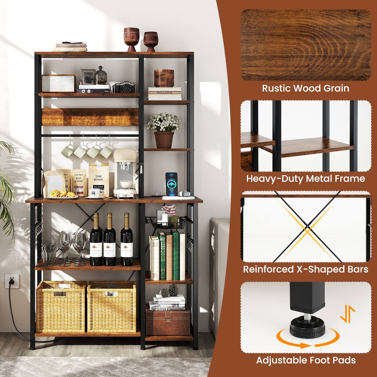 - Rustic Wood Grain
- Heavy-Duty Metal Frame
- Reinforced X-Shaped Bars
- Adjustable Foot Pads