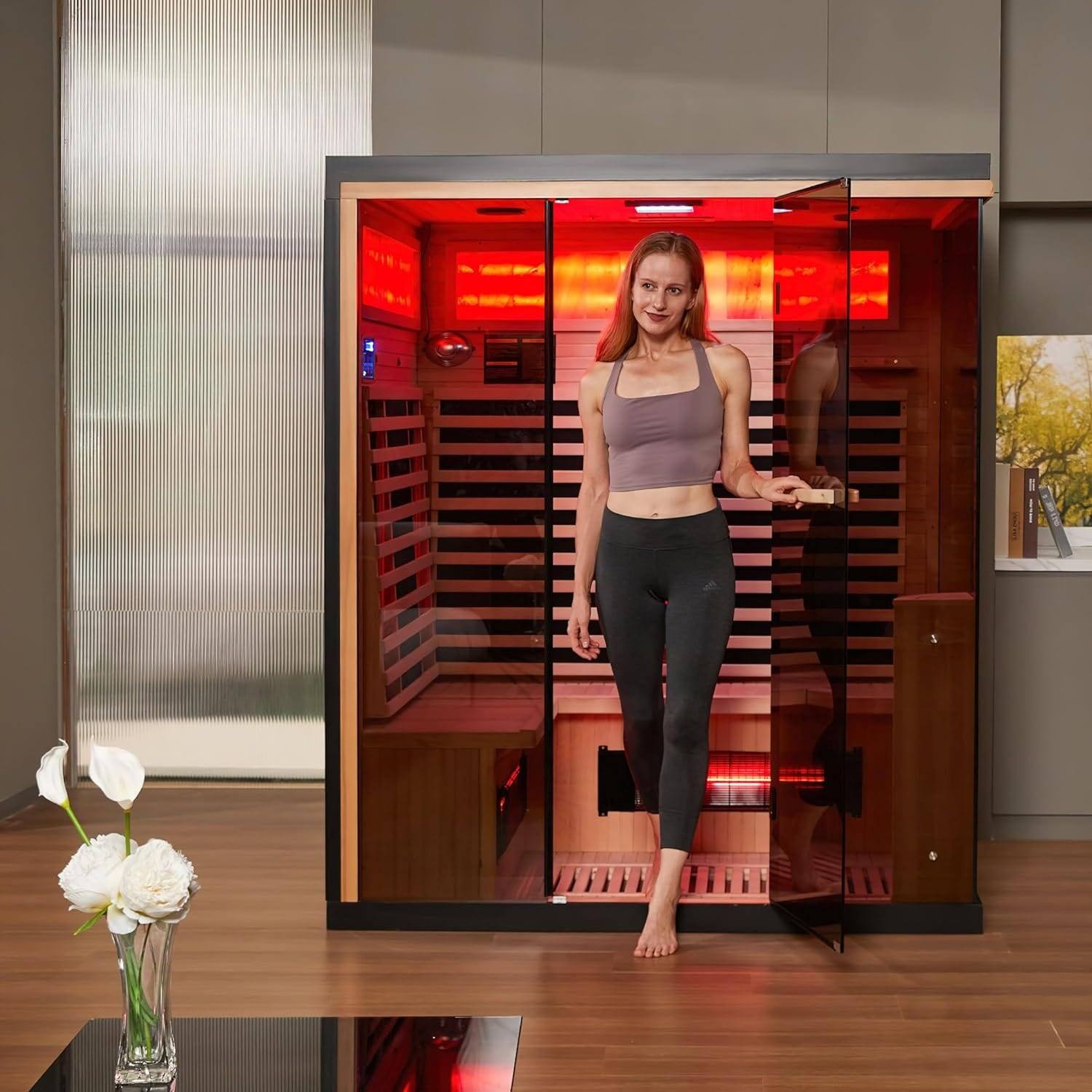 Left. U-HOMY - U-HOMY 6-Person Canadian Hemlock Infrared Sauna with Low EMF Heating, Chromotherapy & Bluetooth Speaker - Wood Color.