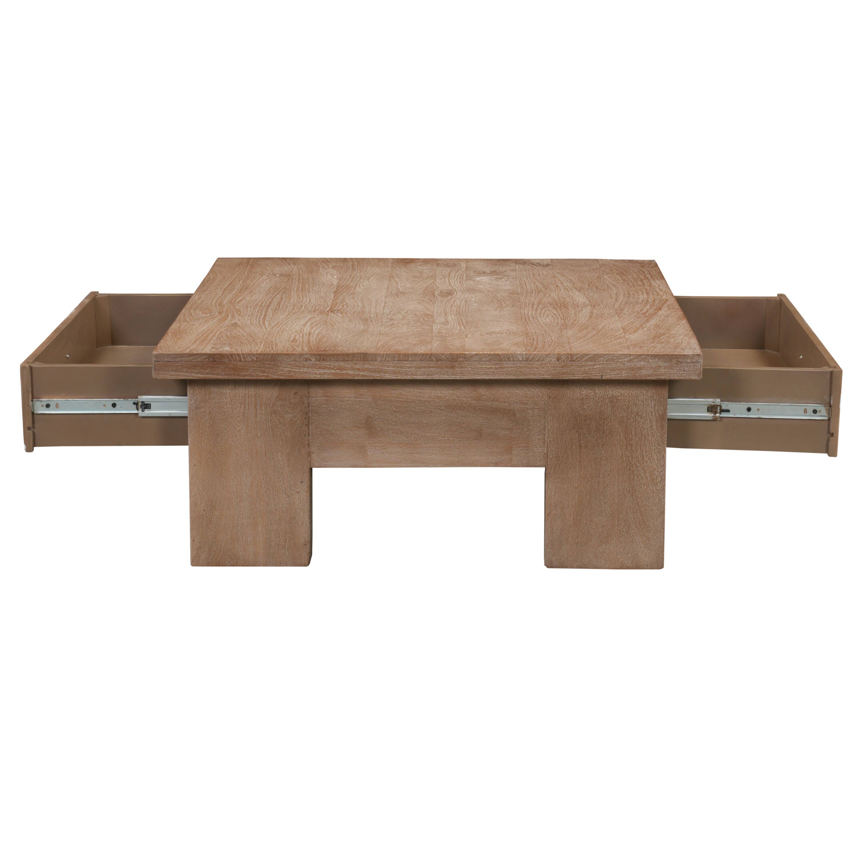 Angle. Manhattan Lane - Les 36 Inch Square Coffee Table with Panel Legs, 2 Storage Drawers, Matte Brown Mango Wood, Black Handles - Matte Brown, Black.