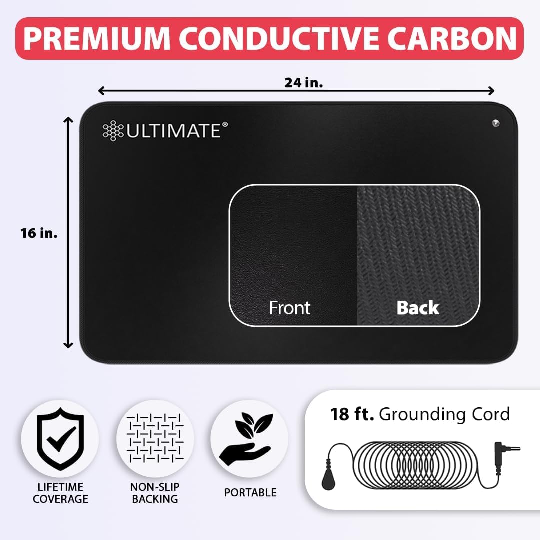 PREMIUM CONDUCTIVE CARBON  
24 in.  
ULTIMATE 16 in.  
Front Back  
18 ft. Grounding Cord  
LIFETIME COVERAGE  
NON-SLIP BACKING  
PORTABLE