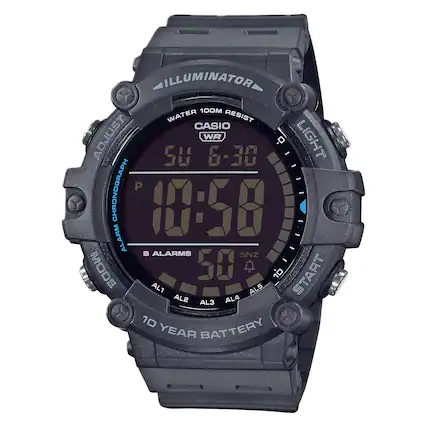 ILLUMINATOR 100M WATER RESIST
CASIO ADJUST 5U WR 6-30 -0 LIGHT CHRONOGRAPH
P 10:58 - ALARM 5 ALARMS SNZ MODE 50
10 START AL1 ALS AL2 AL3 AL4
10 YEAR BATTERY