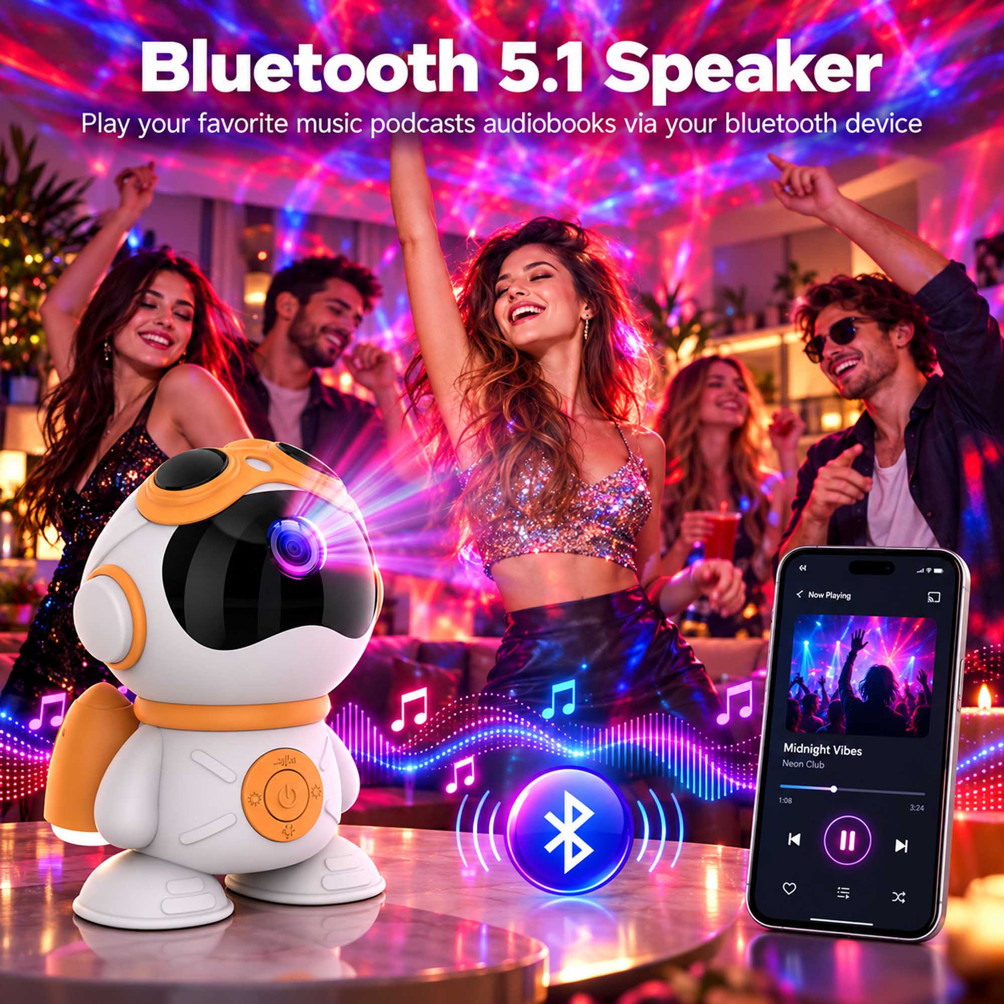Bluetooth 5.1 Speaker  
Play your favorite music, podcasts, and audiobooks via your Bluetooth device

FL  
Now Playing  
Midnight Vibes Neon Club  
1:06 / 3:24