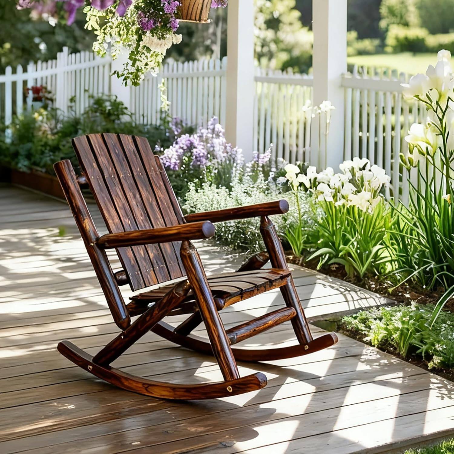 Fortune Candy - Rustic Solid Fir Wood Rocking Chair, Heavy-Duty 700 lbs Outdoor Porch Rocker, Weather-Resistant Finish, Handcrafted - Deep Brown