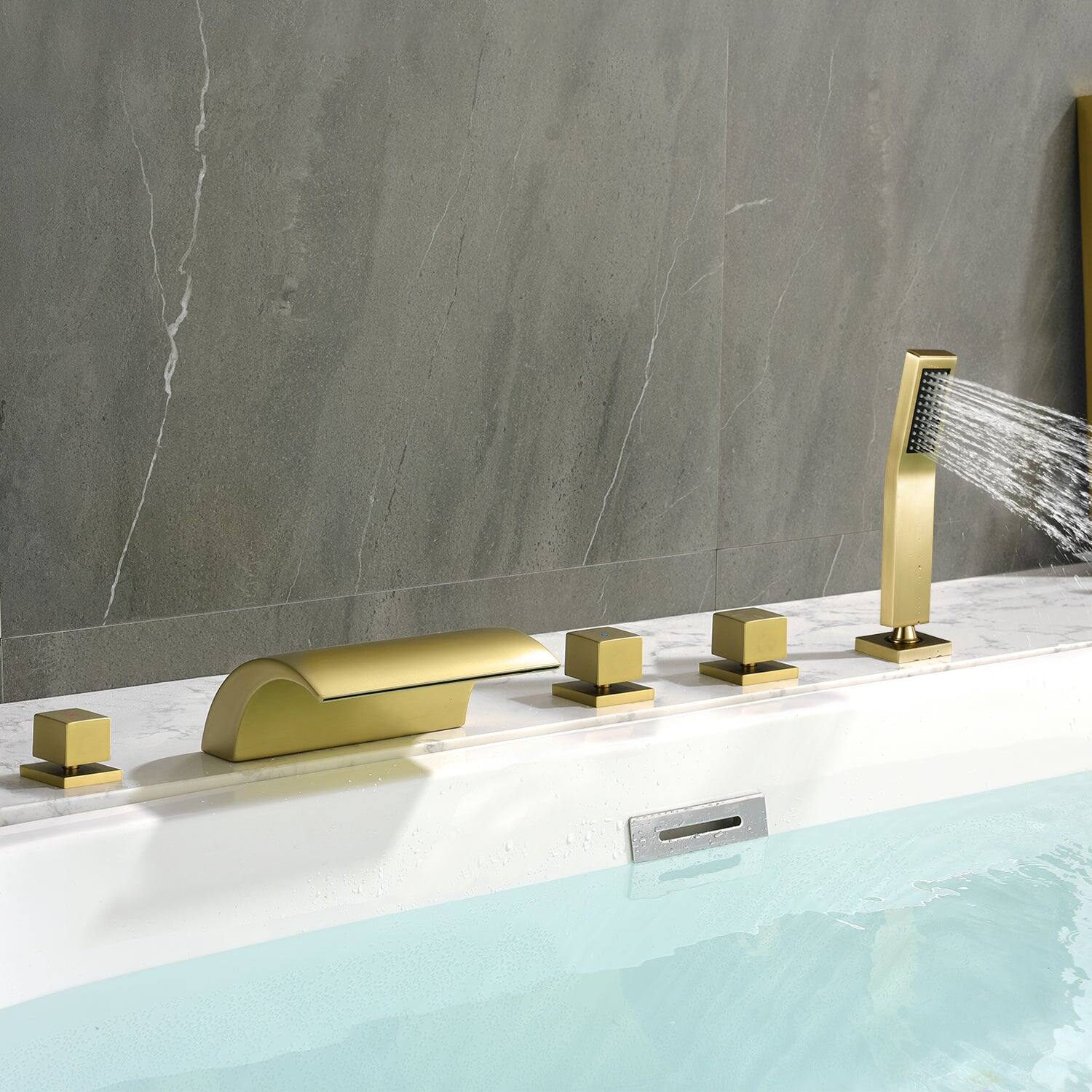 Alt View 8. Boyel Living - Brushed Gold Cold and Hot Water Five Hole Installation Waterfall Bath Tub Faucet with Handheld Shower - Brushed Gold.