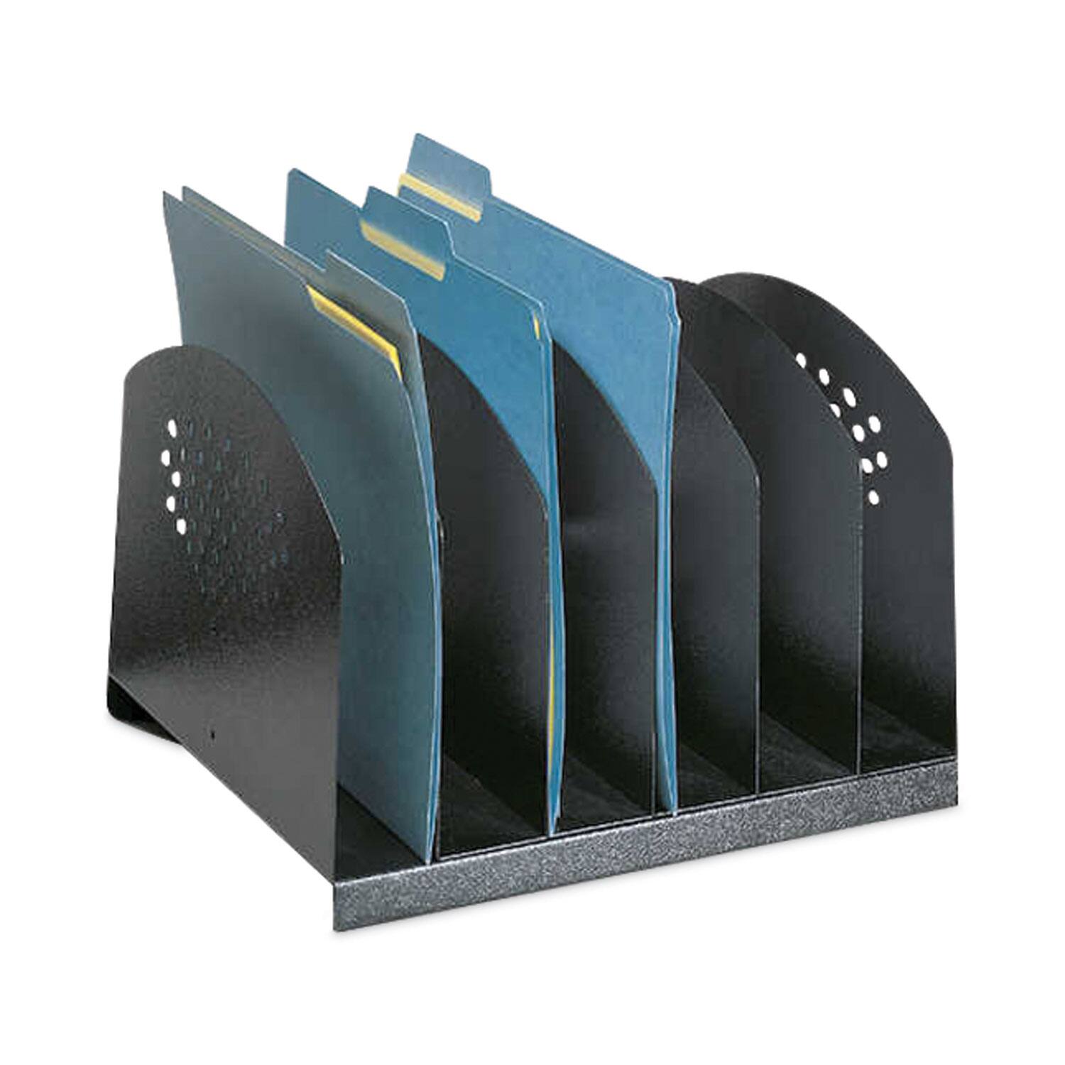 Left. Safco - Safco Steel Vertical-Rack Desktop Sorter, Six Sections, Letter Size Files, 12.25" x 11.25" x 8", Black.