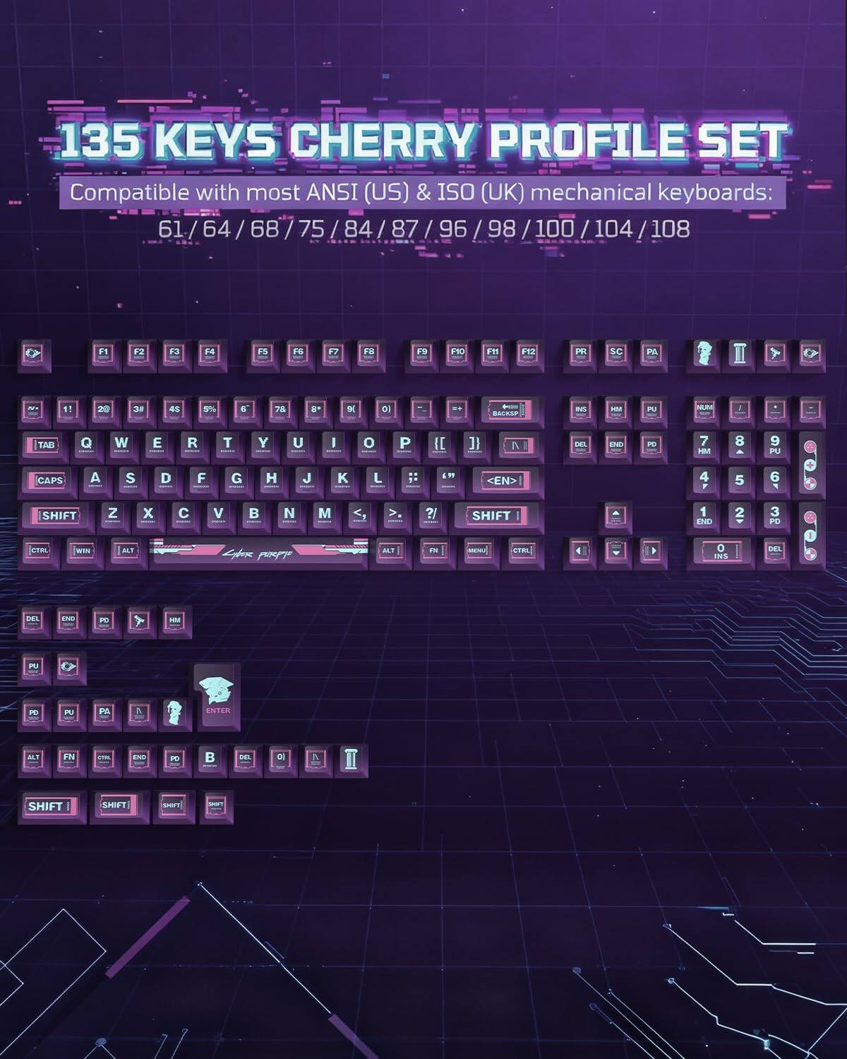 135 KEYS CHERRY PROFILE SET  
Compatible with most ANSI (US) & ISO (UK) mechanical keyboards:  
61 / 64 / 68 / 75 / 84 / 87 / 96 / 98 / 100 / 104 / 108  

F1 F2 F3 F4 F5 F6 F7 F8 F9 F10 F11 F12 P SC PM 1 2 3 4 5 6 7 8 9 0 - = BACEM aVS HM P na J TAI Q W E R T Y U I O P I IE A DE ENE - 7 HM 8 9 PU CAPS A S D F G H J K L . <EN> 4 5 6 F SHIFT Z x V N M ?! SHIFT 1 END 2 3 PC CTRL WIN ALT Lydor pIY ALT FN FEL A O NS DE I DEL EN4D PO E PU PD P PA A ENTER MT FN ..m EV PC DE 3 SHIFT SHIFT ST -T