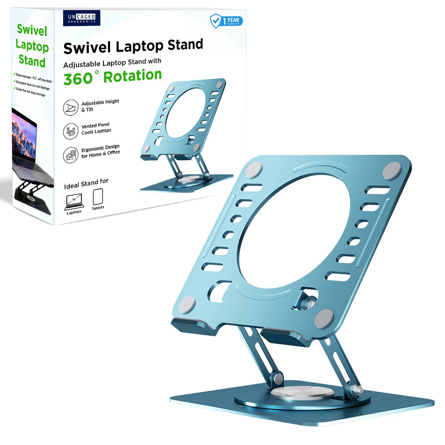 UN CAGED EGONOMIES 1 YEAR T Swivel Laptop Stand

Adjustable Laptop Stand with 360° Rotation

- Adjustable Height & Tilt
- Ventilated Panel Cools Laptops
- Ergonomic Design for Home & Office

Ideal Stand for Laptops & Tablets