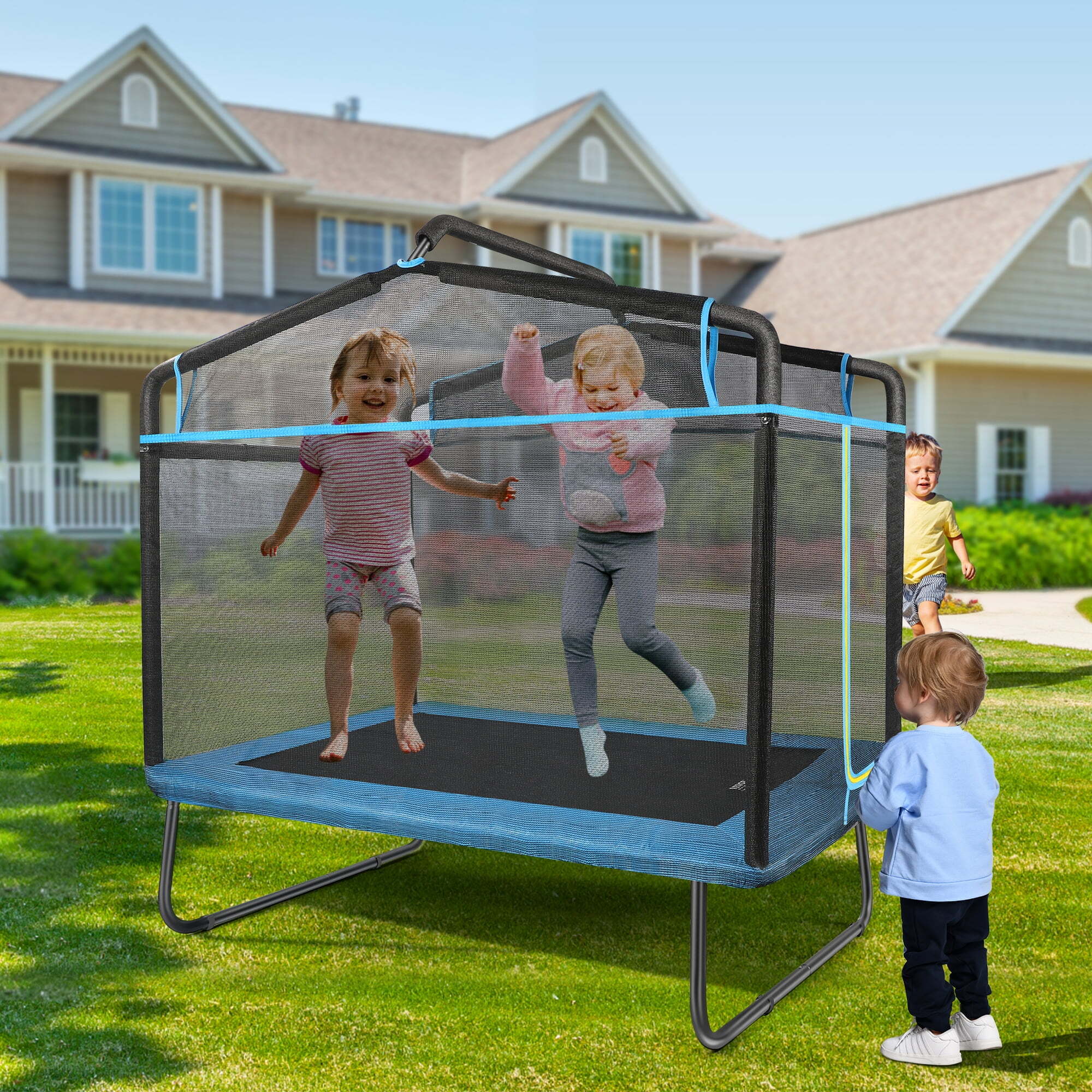 Alt View 3. SKONYON - 3-in-1 Kids Trampoline with Swing and Horizontal Bar, for Ages 3–8, Indoor or Outdoor Use - Blue.