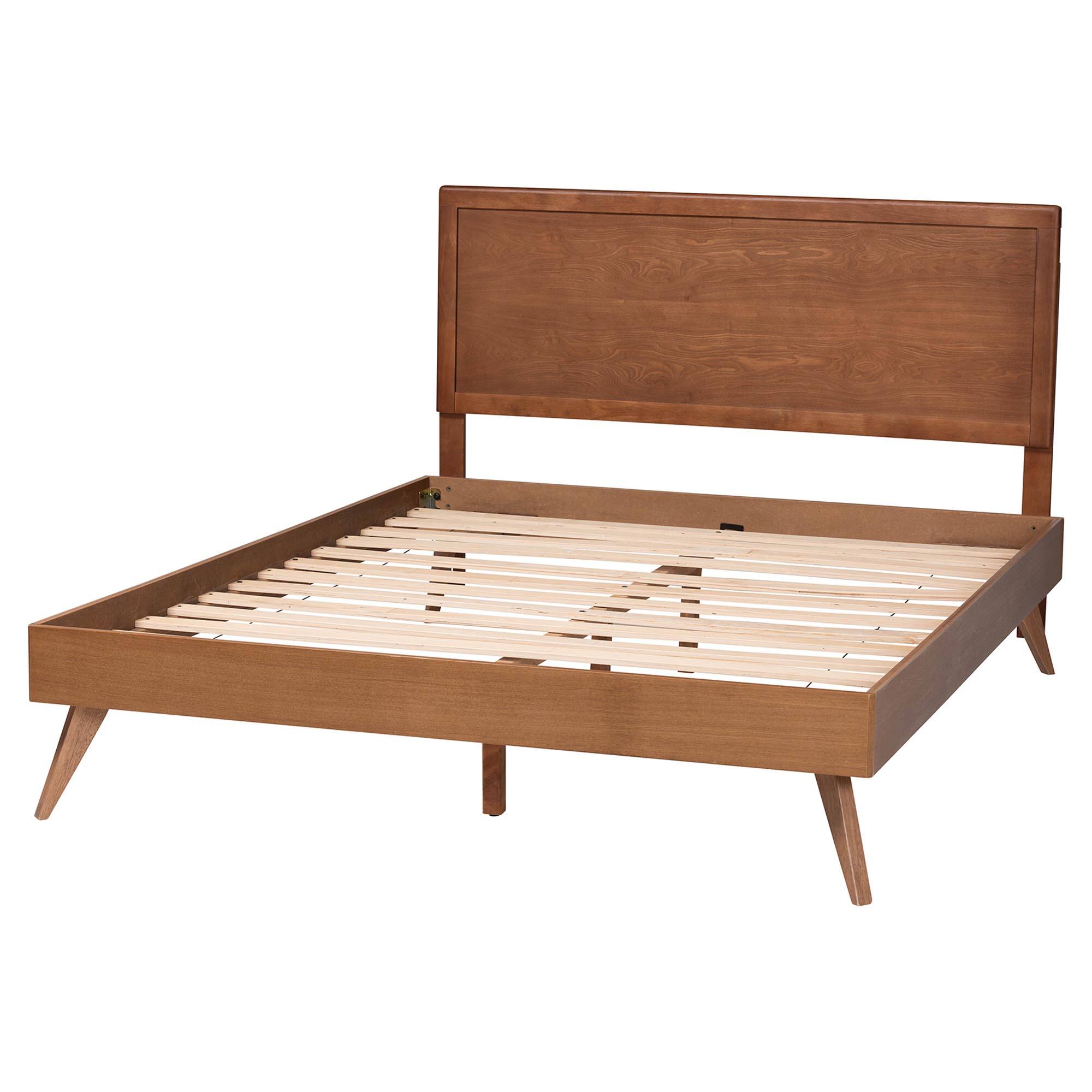 Left. Baxton Studio - Jiro Platform Bed - Mid-Century Modern Wood Bed Frame with Panel Headboard and Angled Legs, Full - Ash Walnut.