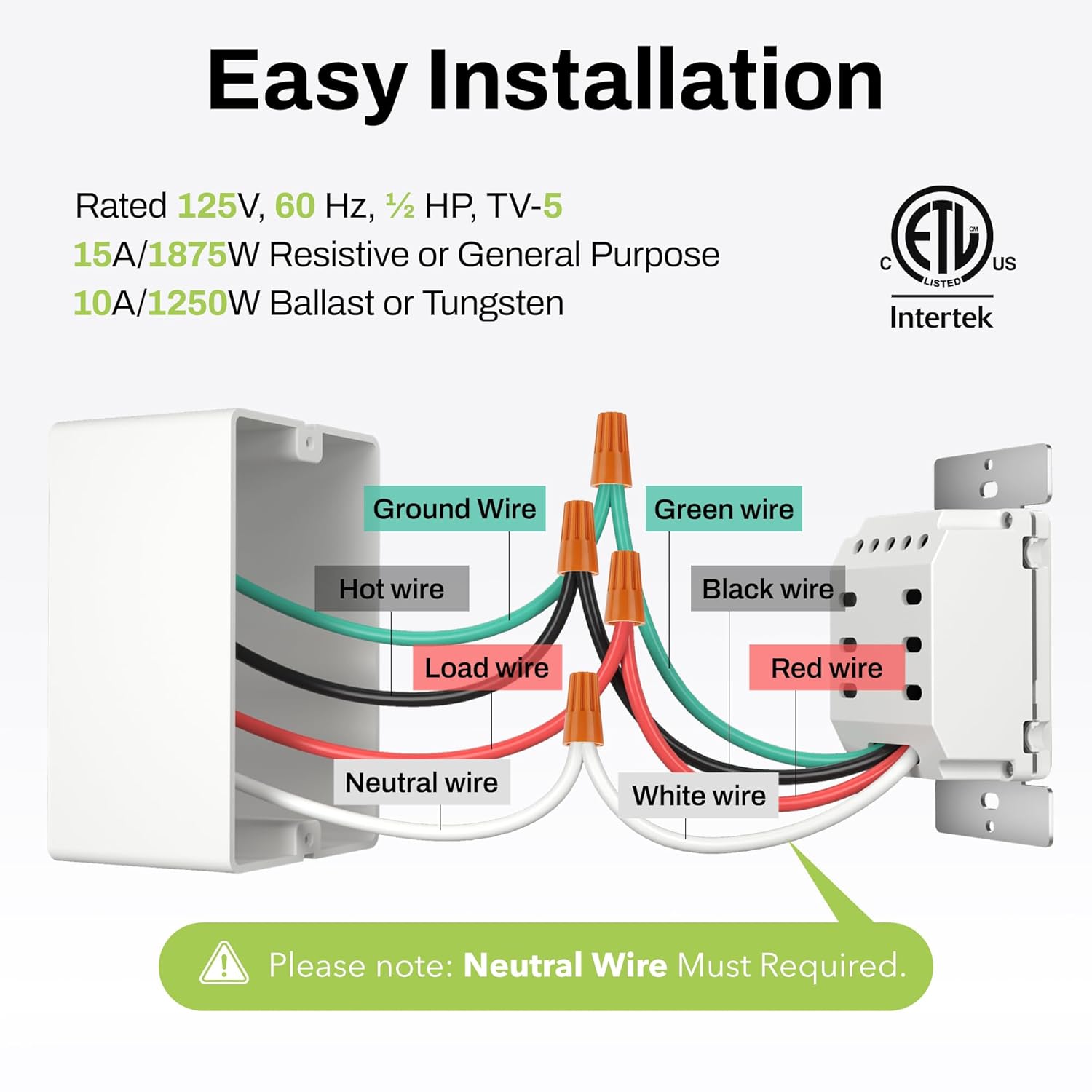 Easy Installation

Rated 125V, 60 Hz, 1/2 HP, TV-5  
15A/1875W Resistive or General Purpose  
10A/1250W Ballast or Tungsten  

Ground Wire  
Green wire  
Hot wire  
Load wire  
Neutral wire  
Black wire  
Red wire  
White wire  

Please note: Neutral Wire Must Required.