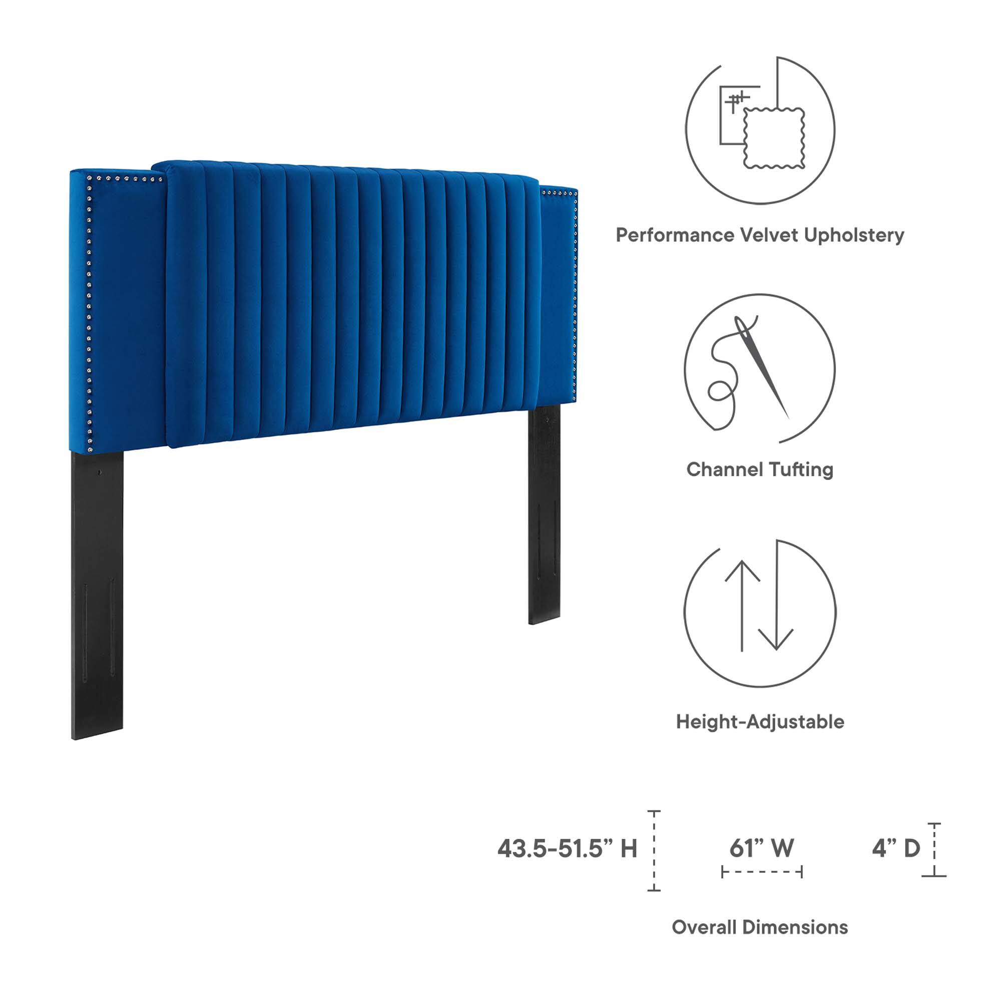 Performance Velvet Upholstery  
Channel Tufting  
Height-Adjustable  

Overall Dimensions:  
Height: 43.5-51.5"  
Width: 61"  
Depth: 4"