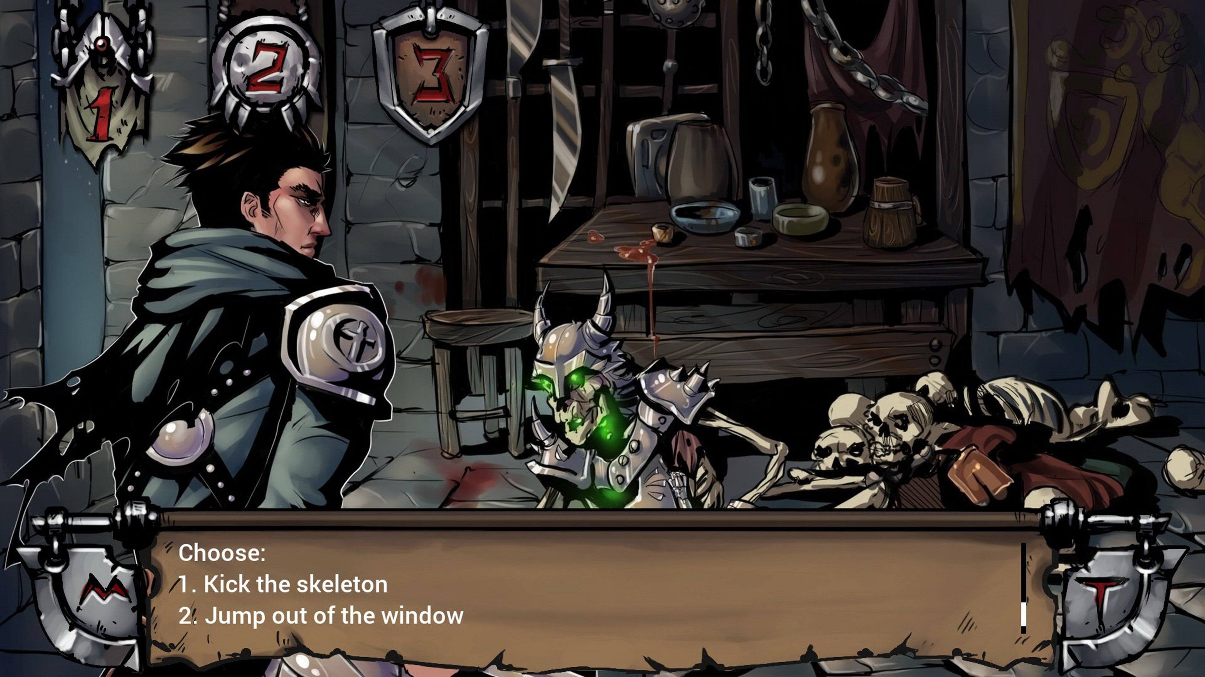 Choose:
1. Kick the skeleton
2. Jump out of the window