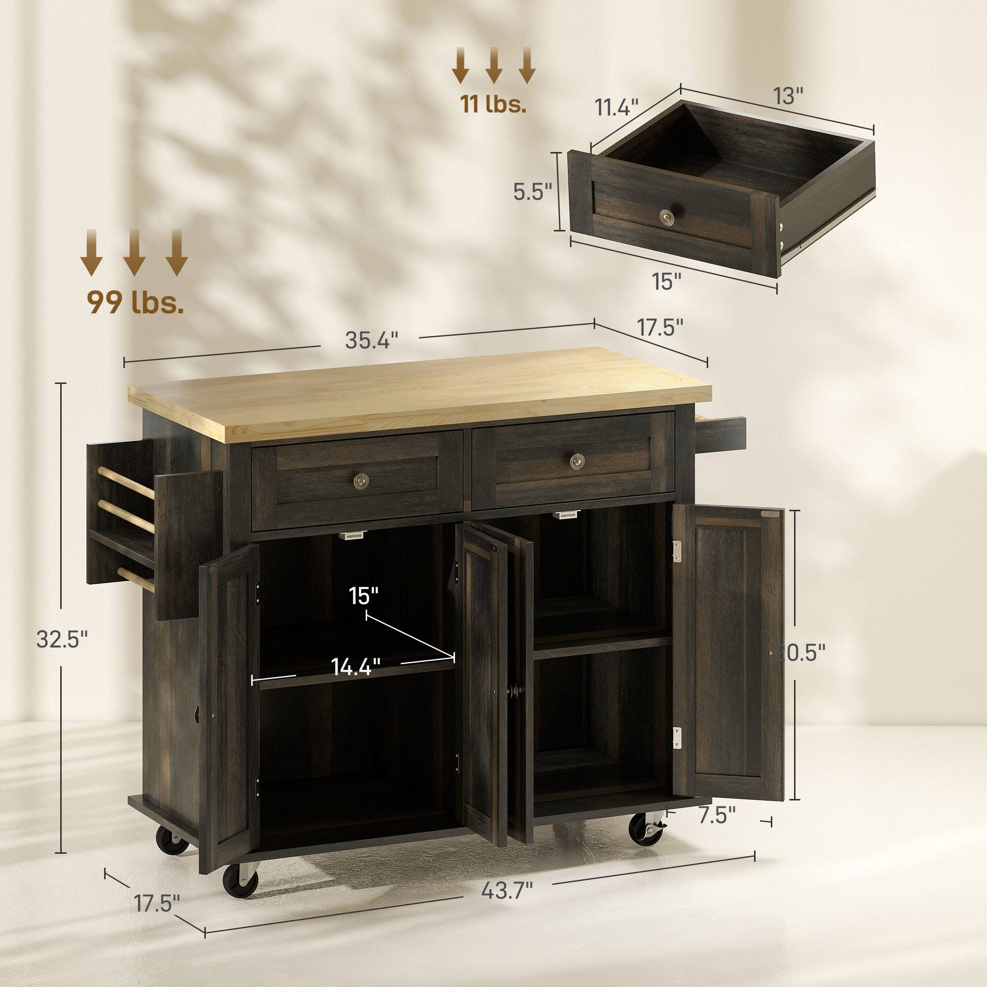 11 lbs., 99 lbs., 11.4", 13", 5.5", 35.4", 15", 17.5", 15", 32.5", 14.4", 0.5", 7.5", 17.5", 43.7"