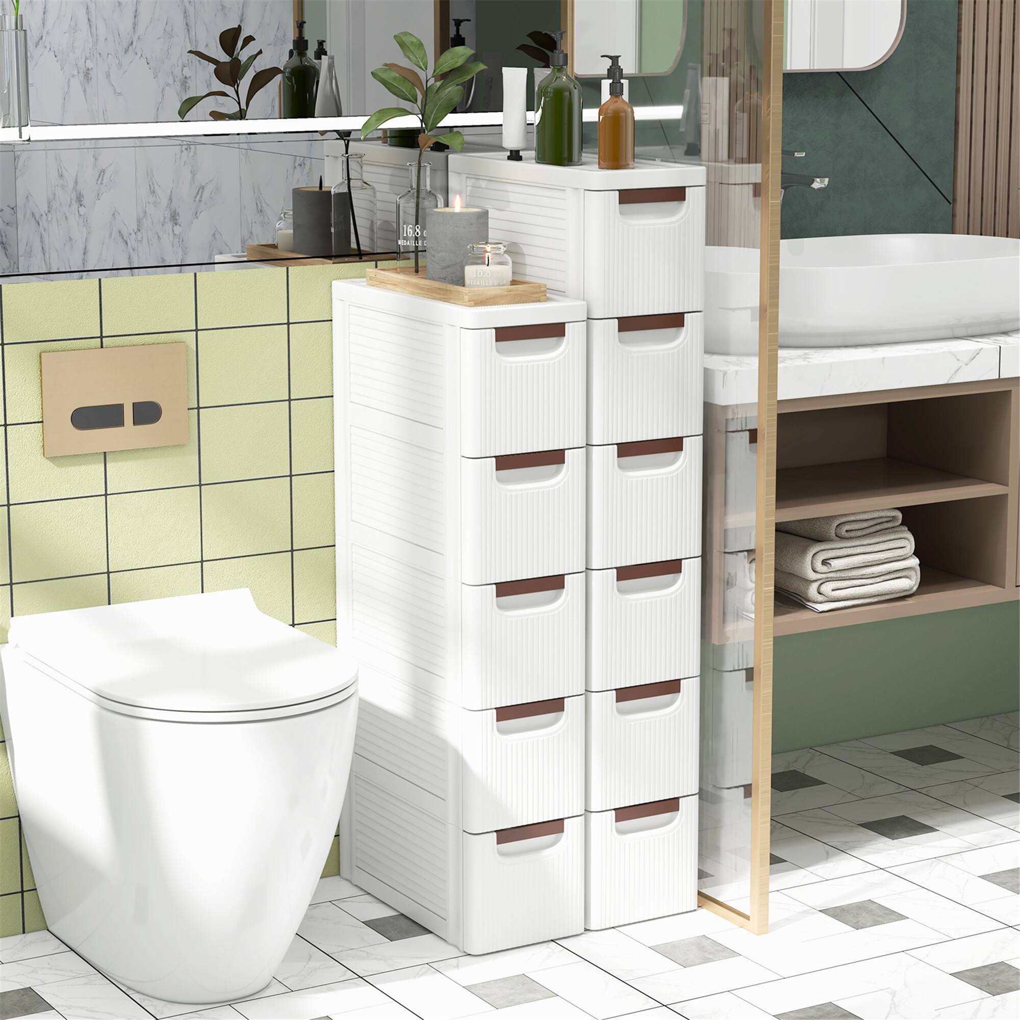 Alt View 7. Gymax - Gymax 2PCS 5-Drawer Narrow Rolling Storage Cabinet w/ Pull Handles Built-in Wheels - White.