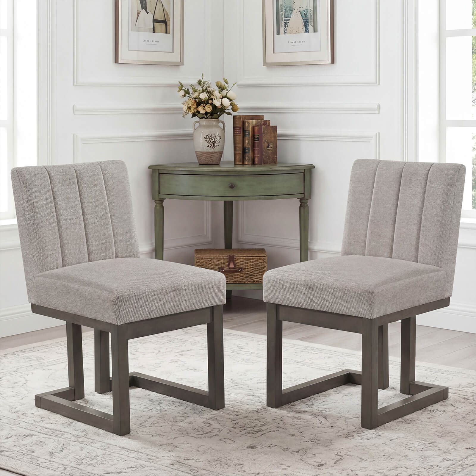 Alt View 1. Costway - Costway 4PCS Wooden Dining Chairs Modern Farmhouse Fabric Upholstered Kitchen Chairs - Beige + Gray.